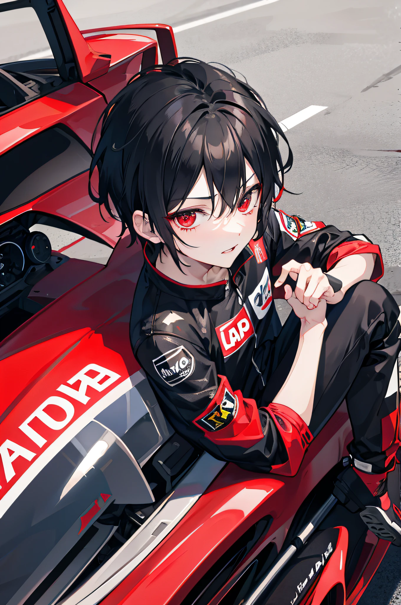 red eye black hair boy wearing car racing suit and his car