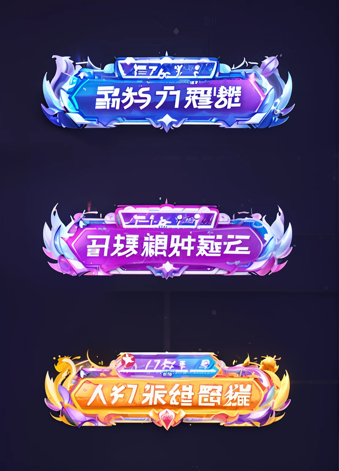 Close-up of a set of three different banners，With kanji, Game UI, game ui asset design, mobile game asset, game ui, game icon asset, mobile game style, game assets, G Liulian art style, game assets, trending on cgstation, game asset of fighters, mobile game, Mobile game background, 3 d icon for mobile game