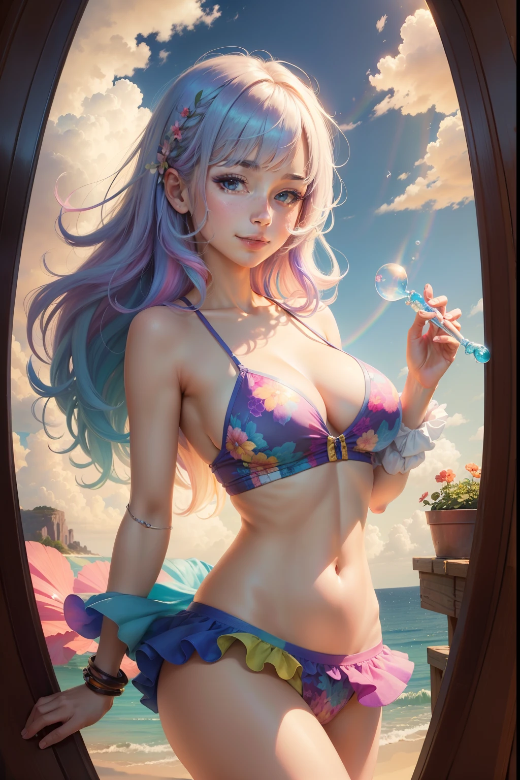 (Masterpiece, Top quality, Best quality, aquarelle (mediating), offcial art, Beautiful and aesthetic: 1.2), (1 girl: 1.3), (Fractal art: 1.3), Morning, Good morning, Smile, Sunny day, cheerful big breasts, view the viewer, Pattern, wave, (rainbow colour hair, Colorful hair: 1.2), sky, Gas, Clouds, Colorful, Soap bubbles