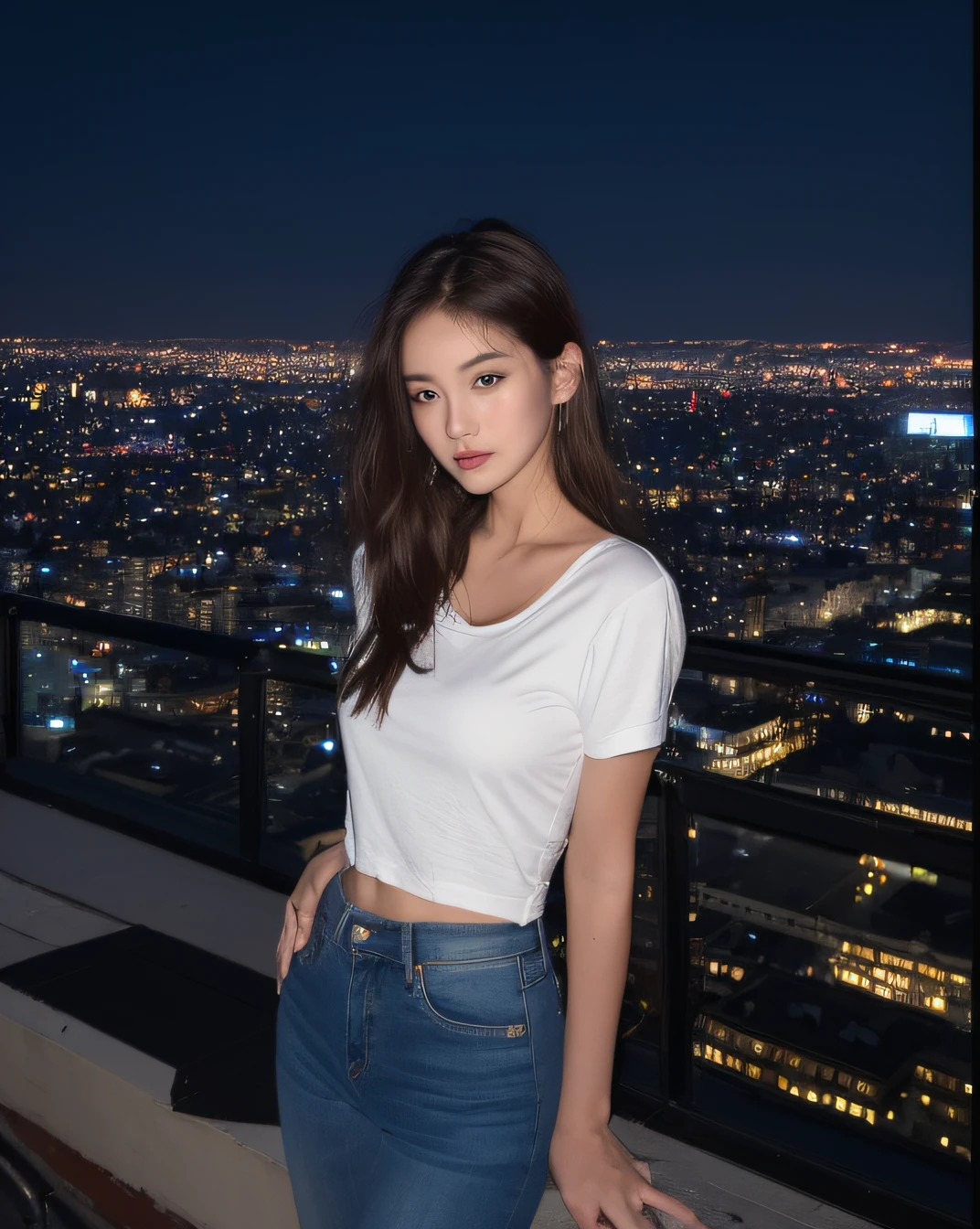 ((mid night、top-quality、8k、​masterpiece:1.3)), full bodyesbian, long legged, foco nítido:1.2, Beautiful woman with perfect body shape:1.4, Slender Abs:1.1, ((dark brown  hair、large tit:1.2)), (White tight t-shirt、Tight skinny jeans 、is standing:1.2), ((Night City View、On the rooftop:1.3)), Highly detailed facial and skin texture, A detailed eye, 二重まぶた