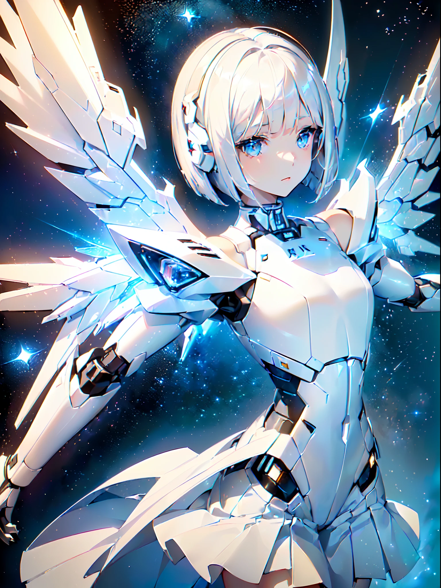 ((masterpiece)), (angel:1.3), (1 girl, pale hair, short hair, bob cut:1.4), (futuristic suits, white mecha suits, white mecha skirt, white mecha big wing on back:1.3), (space, stars shooting star:1.2), (sparkle effect), ((ultra detail)), ((delicate illustration)), ((delicate background)),
