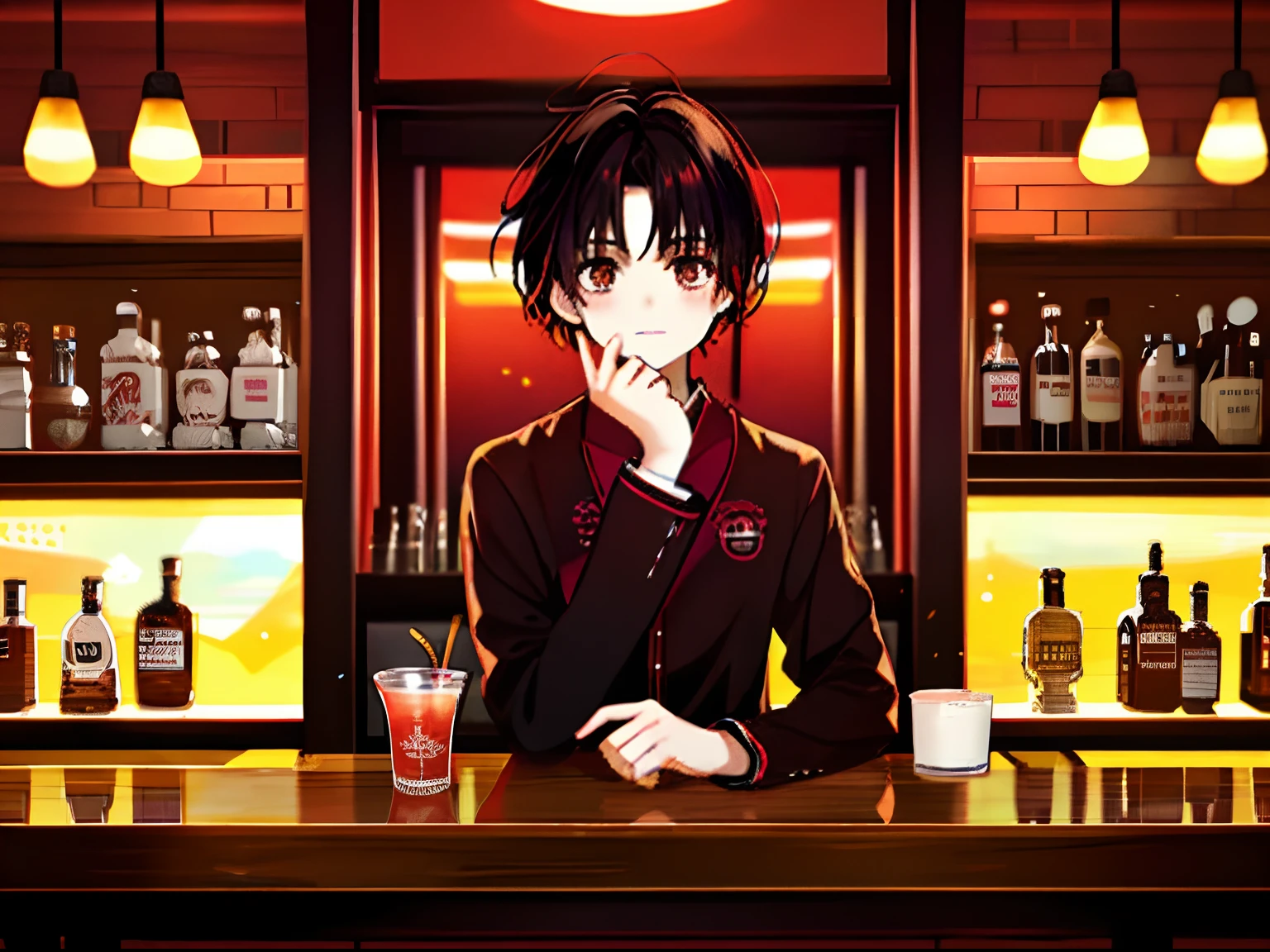 ager sitting in bar,Black hair,Brown eyes,red blush。