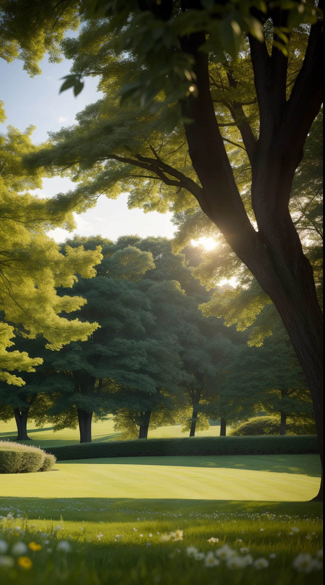 the trees，grassy fields，There are flower beds in the close-up，desks，tea set，Background bokeh，Realiy，hyper HD，Highest image quality，16k