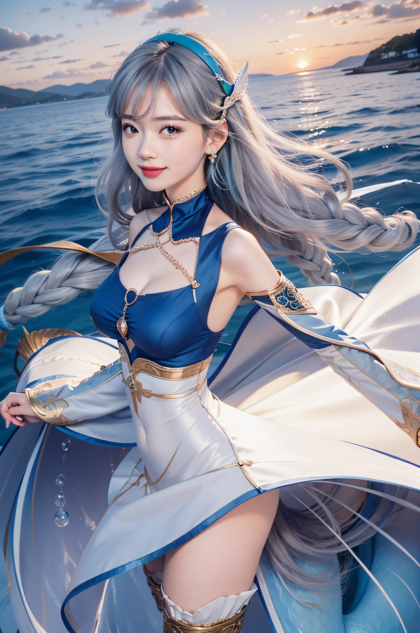 female, white long hair, wearing blue aqua dress elegant, the stomach is open, staring expression,smile, Mermaid horn headband, photorealistic, masterpiece