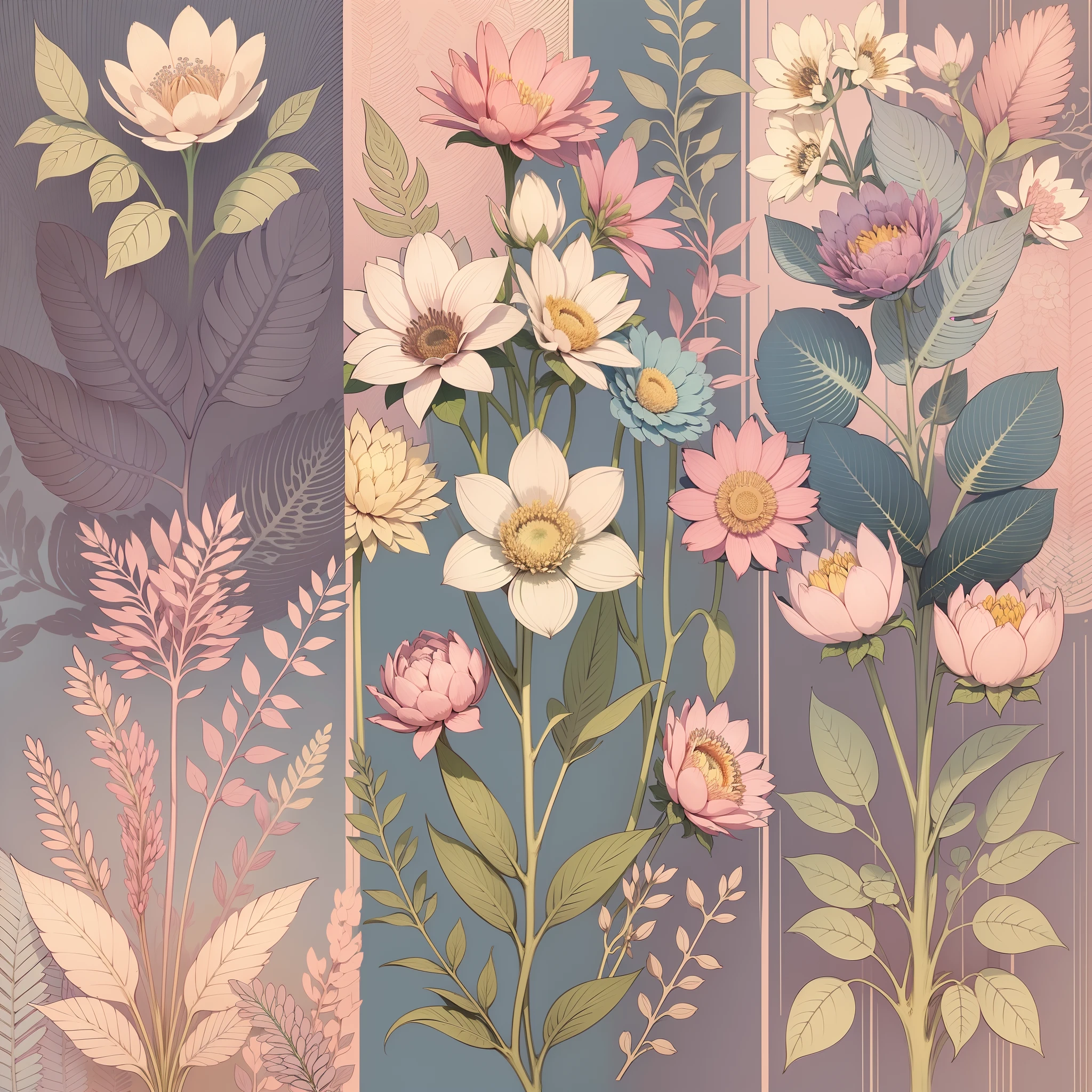 Set pattern of large flowers with plants and vines, defined shape, flat style, vector style, drawing style, naïve style, wallpaper style, in soft pastel colors such as old pink, pastel blue, light blue, beige, pastel violet, pastel yellow and white. No shadows in the images.