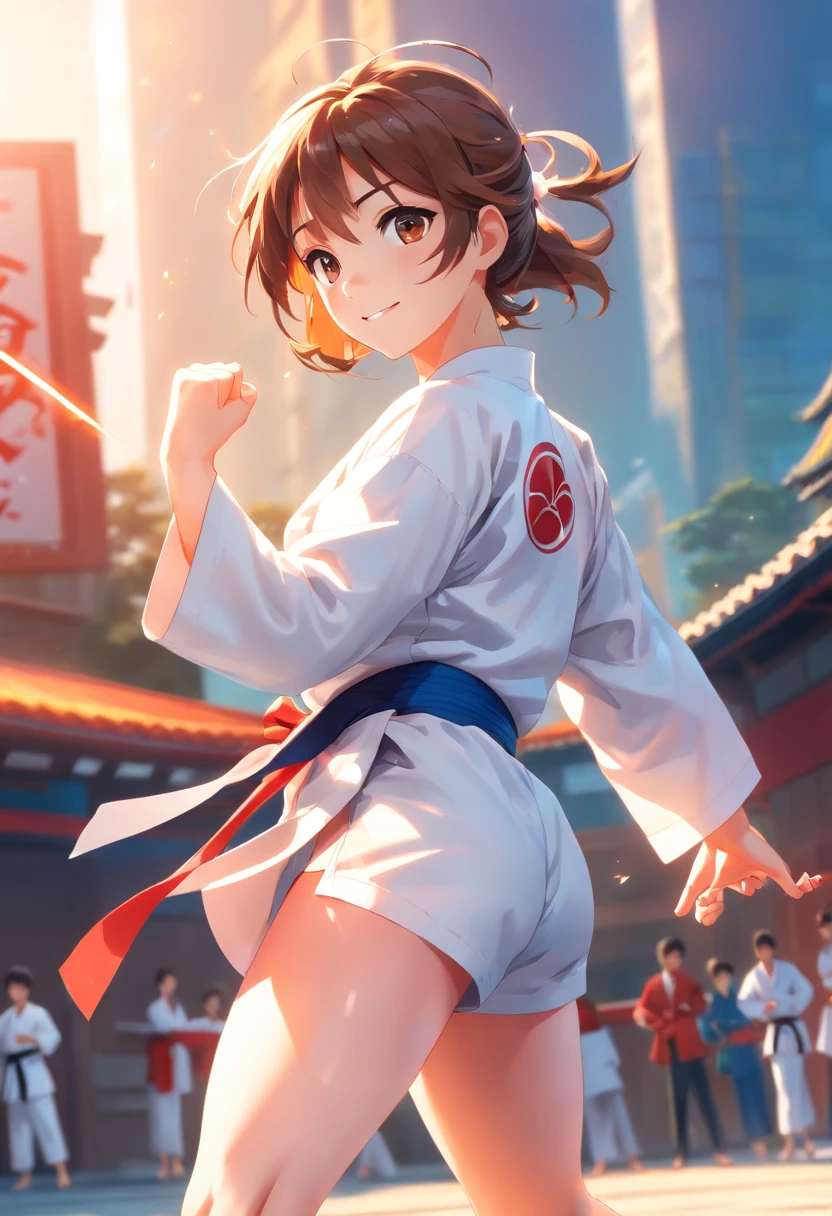 colorful animation stills, Honest portrayal, Whole body(​masterpiece:1.3), (8K, hight resolution, a picture, Top image quality: 1.4), (1girl in), ligh brown hair, waved hair, attractive beautiful face, (A smile: 1.15), , huge tit、cleavage of the breast、Whole body, bare-legged(White Karate Uniform:1.4), Attractive body with soft curvaceous beauty, Bold sexy poses, perfect anatomia, TOKYOcty