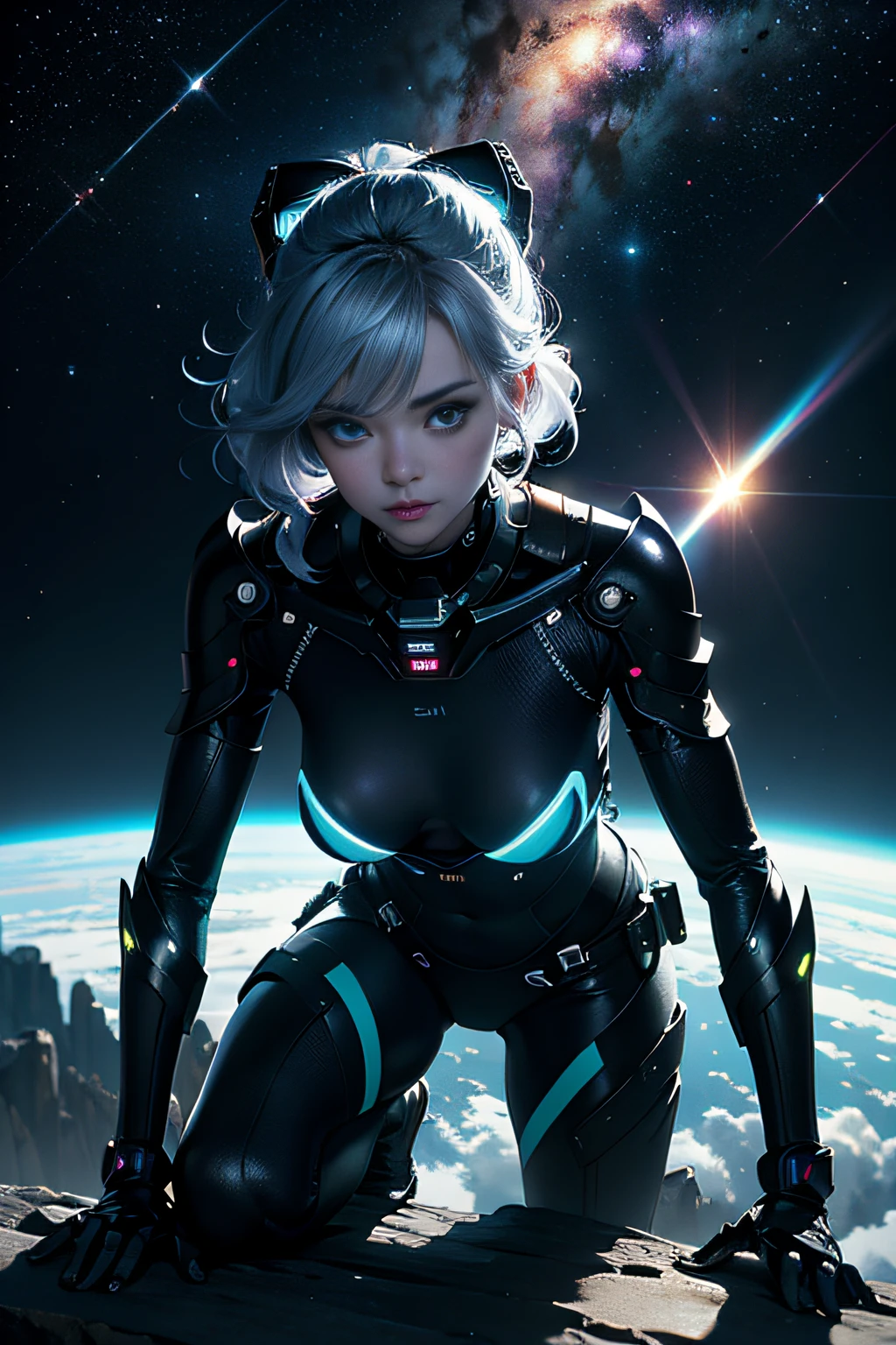 (tmasterpiece:1.2),best qualtiy,(nigh sky,medium lenght hair:1.2),(illustratio:1.2),beautful view,dreds,(Elaborate luminescence,Lens Flare Glow),(Hyper-detailing),Hyper-detailing,(exquisitedetails),(intricate-detail {Ikko),(Movie Light,best quality backlight),ligne claire,New World,peeping at the viewer,Solo Woman,(Space Girl,spaces),Solo Woman,Perfect body,(1girll),(Bright bioluminescent hair,bright glowing eyes),(intergalactic,alien planet),(Astronaut in sexy futuristic spacesuit:1.1),The material of the spacesuit is light and thin,Spacesuit Tight,slightly closed eyes,(Cyberpunk Personality),(dyna:1.3),(putting makeup on)),highly contrast,(The best lighting,Very sophisticated、Beautiful fece),((Movie Moonlight)),highly colorful,((Photoshop Pastel Painting:1.1)),etheric,(Movie Masterpiece),suspenseful,funk,(Star Scrim),splash of color,absolutely eye-catching,((Caustics)),Dynamic Angle,big breasts beautiful(detailed glow),(spine-chilling),(Complex movie scenes behind it:1.2),Environmental occlusion, (Around moonshine), ray-traced reflection, Intricately detailed visible background , (Glowing spacesuit), terrorism, (Bioluminescent vegetation:1.2), terrorism, uneasy, A futuristic, terrorism, (Hologram Head-Up Display), (Delicate Great Comet)
