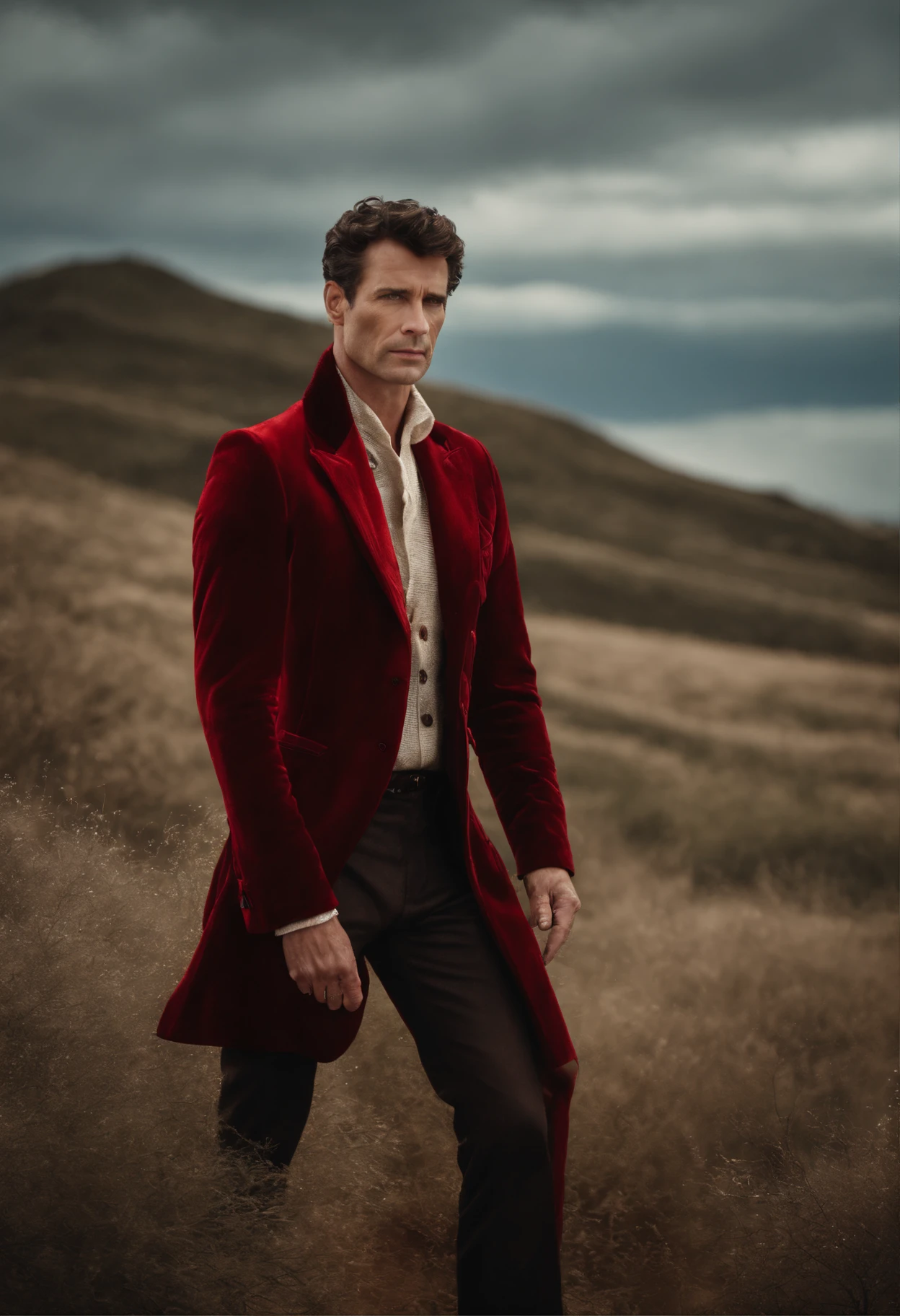 A handsom man in red, the style of patrick demarchelier. wearing a red velvet jacket, Tall and fit, (40 years old:1.1), (shaven:1.2), (short brown hair and a little curly:1.5),(very short hair:1.6). in the style of ethereal beauty, realistic blue skies, hasselblad 1600f, hyper-realistic portraiture, bold colors, dynamic lines, smooth and polished .
