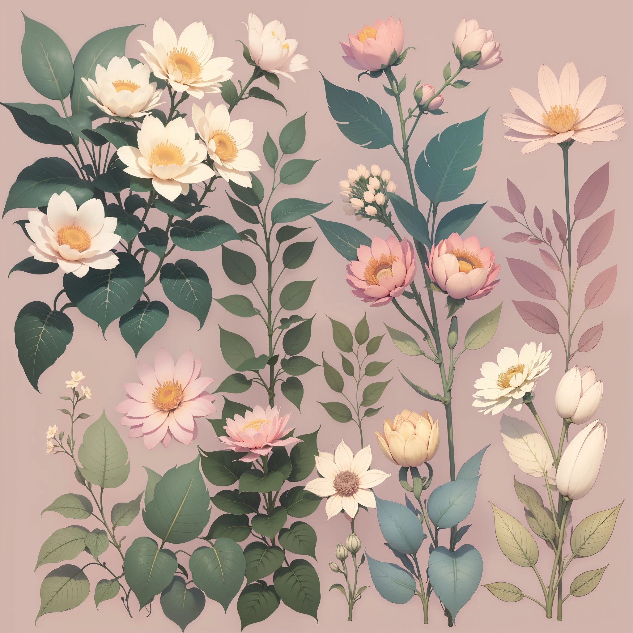 Set pattern of large flowers with plants and vines, defined shape, flat style, vector style, drawing style, naïve style, wallpaper style, in soft pastel colors such as old pink, pastel blue, light blue, beige, pastel violet, pastel yellow and white. No shadows in the images.