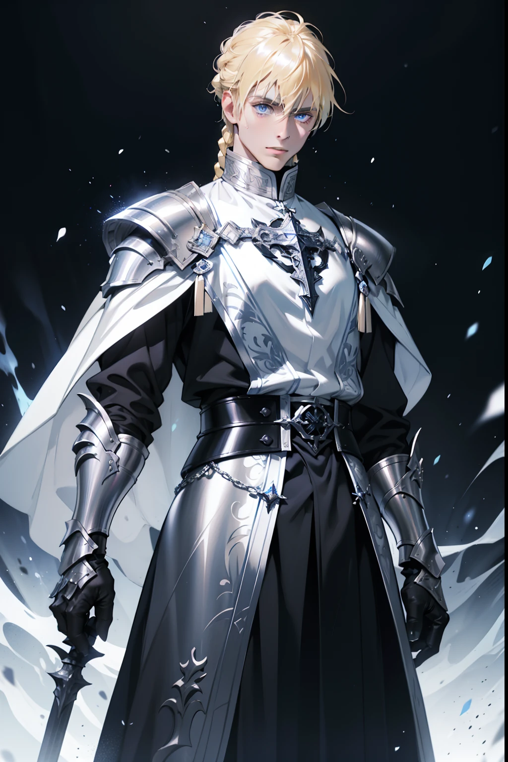 male knight,blonde with blue eyes,Single braided hairstyle,holy paladin,Black and white clothing,Capable and elegant,Religious dress,Wears silver armor,goth style。Western fantasy style,Concise background。Concise background,Masterpiece, mistic, aethereal,Blue light particles,color difference,glowing light eyes