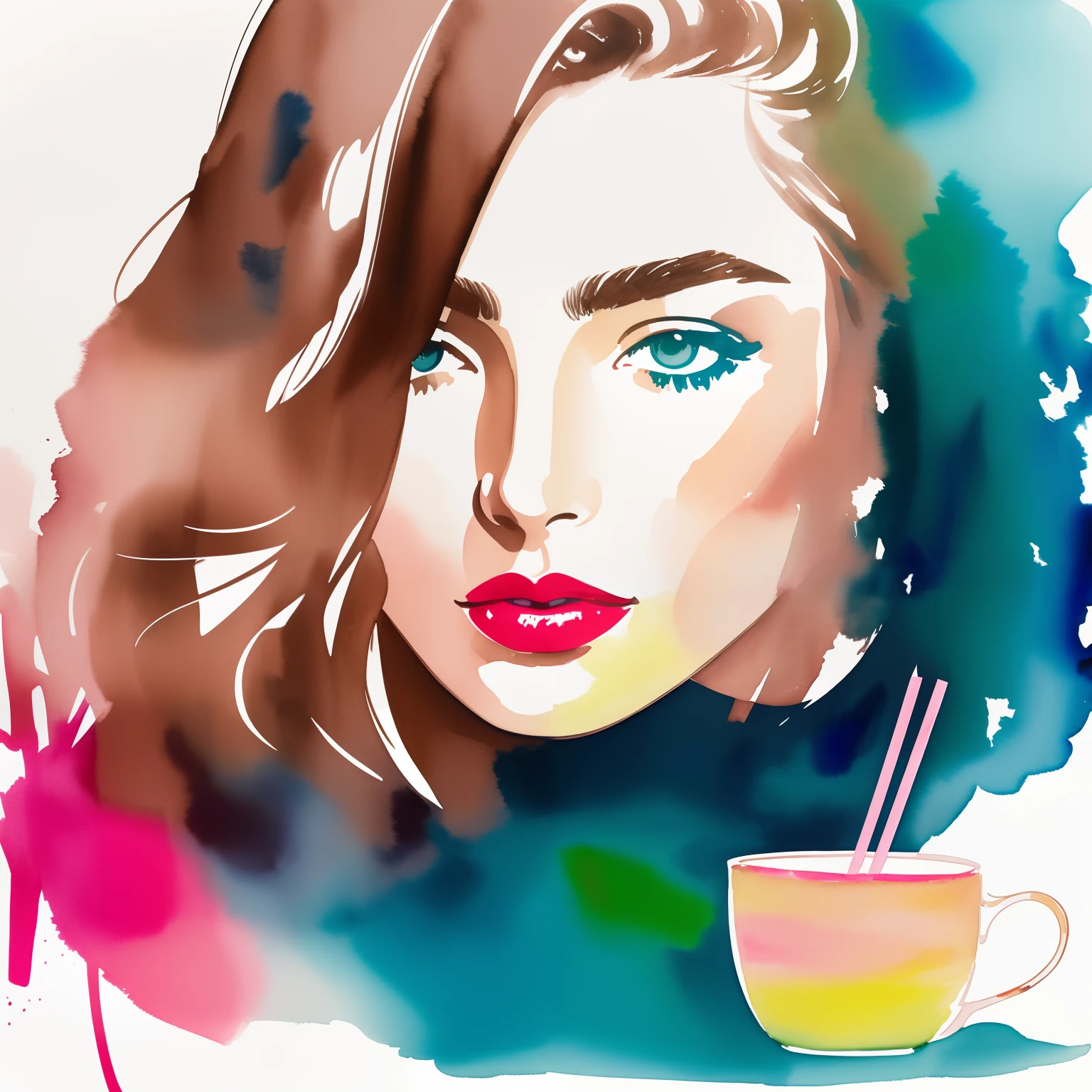 David downton fashion illustration, woman light brown thin hair blonde bob, fluffy cornflower color sweater, andreea diaconu, cute face, blue eyes, pink lipstick, work laptop, green apple color tea cup, home studio in paris, window, watercolor art