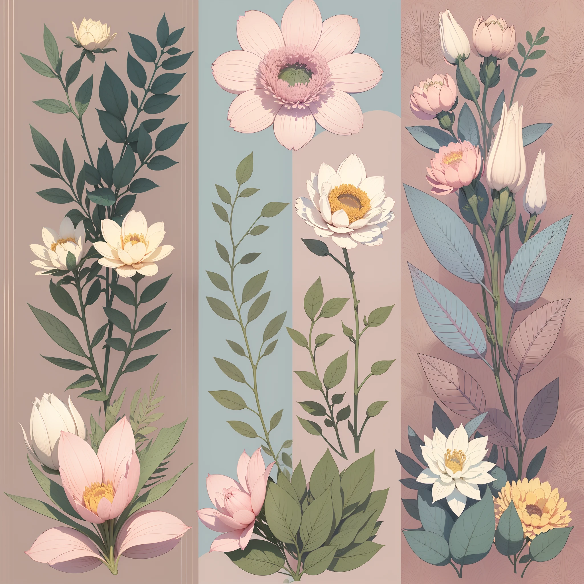 Set pattern of large flowers with plants and vines, defined shape, flat style, vector style, drawing style, naïve style, wallpaper style, in soft pastel colors such as old pink, pastel blue, light blue, beige, pastel violet, pastel yellow and white. No shadows in the images.