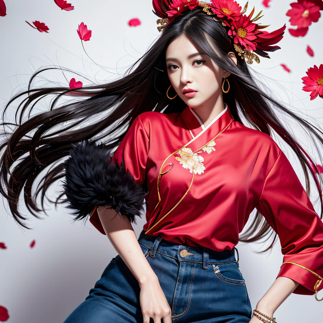 32K（tmasterpiece，k hd，hyper HD，32K）Long flowing black hair，ponds，zydink， a color， Tongzhou people （Spirit Girl）， （Red silk scarf）， Combat posture， looking at the ground， long whitr hair， Floating hair， Carp pattern headdress， Chinese long-sleeved clothing， （Abstract ink splash：1.2）， Pink petal background，Pink and white lotus flowers fly（realisticlying：1.4），Black color hair，Fallen leaves flutter，The background is pure， A high resolution， the detail， RAW photogr， Sharp Re， Nikon D850 Film Stock Photo by Jefferies Lee 4 Kodak Portra 400 Camera F1.6 shots, Rich colors, ultra-realistic vivid textures, Dramatic lighting, Unreal Engine Art Station Trend, cinestir 800，Long flowing black hair，Denim skirt