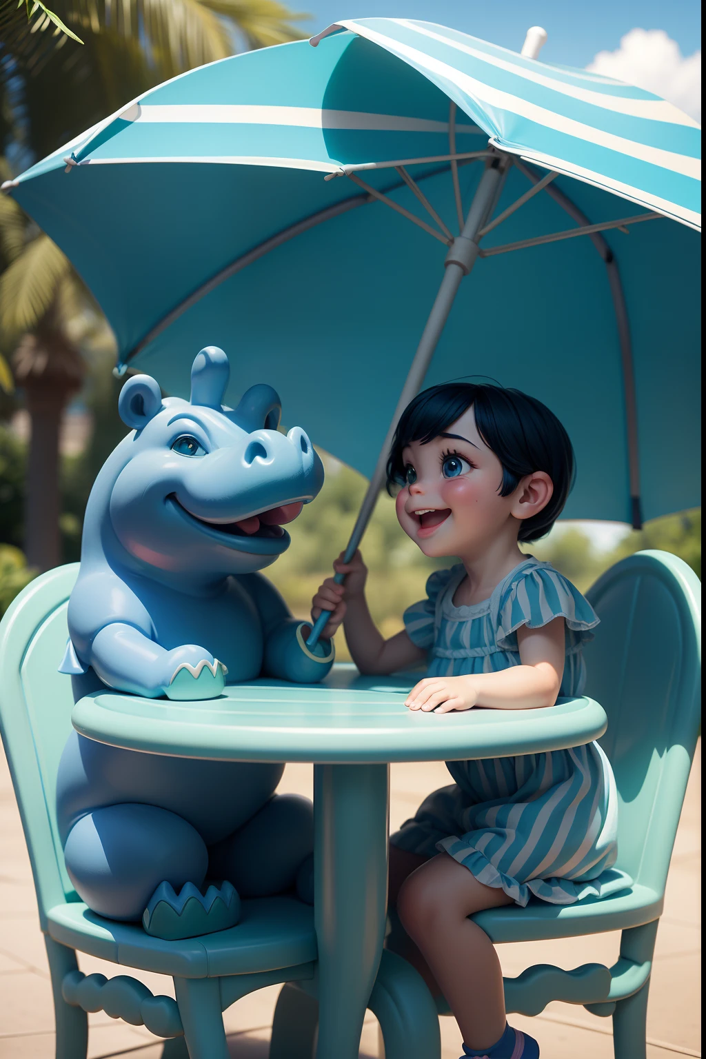 A funny cheerful blue hippopotamus baby and a green striped crocodile baby are sitting on summer chairs at a table with a large umbrella. Disney cartoon. super realistic. cinematic. Close-up. Front view. Blurred background. Light haze.