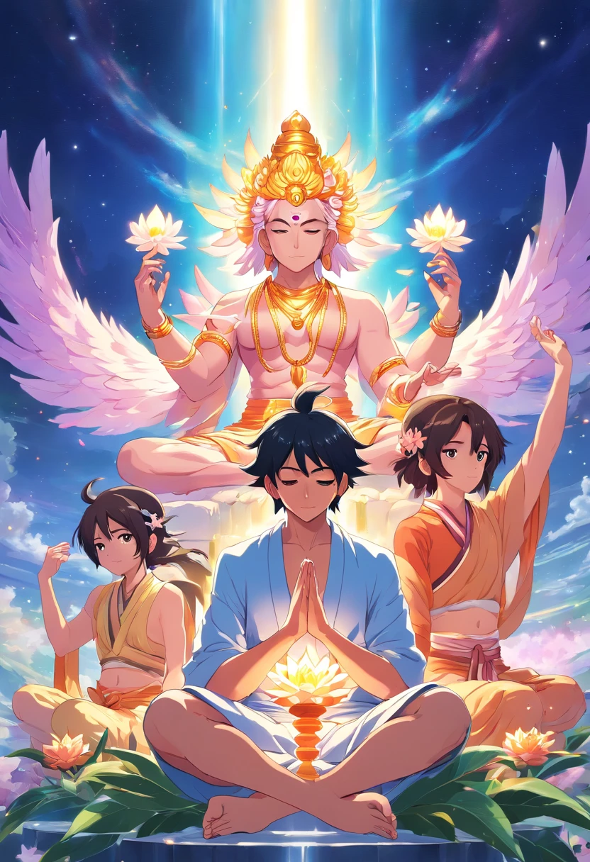lord brahma with 4 heads sitting on a lower flower and medidating