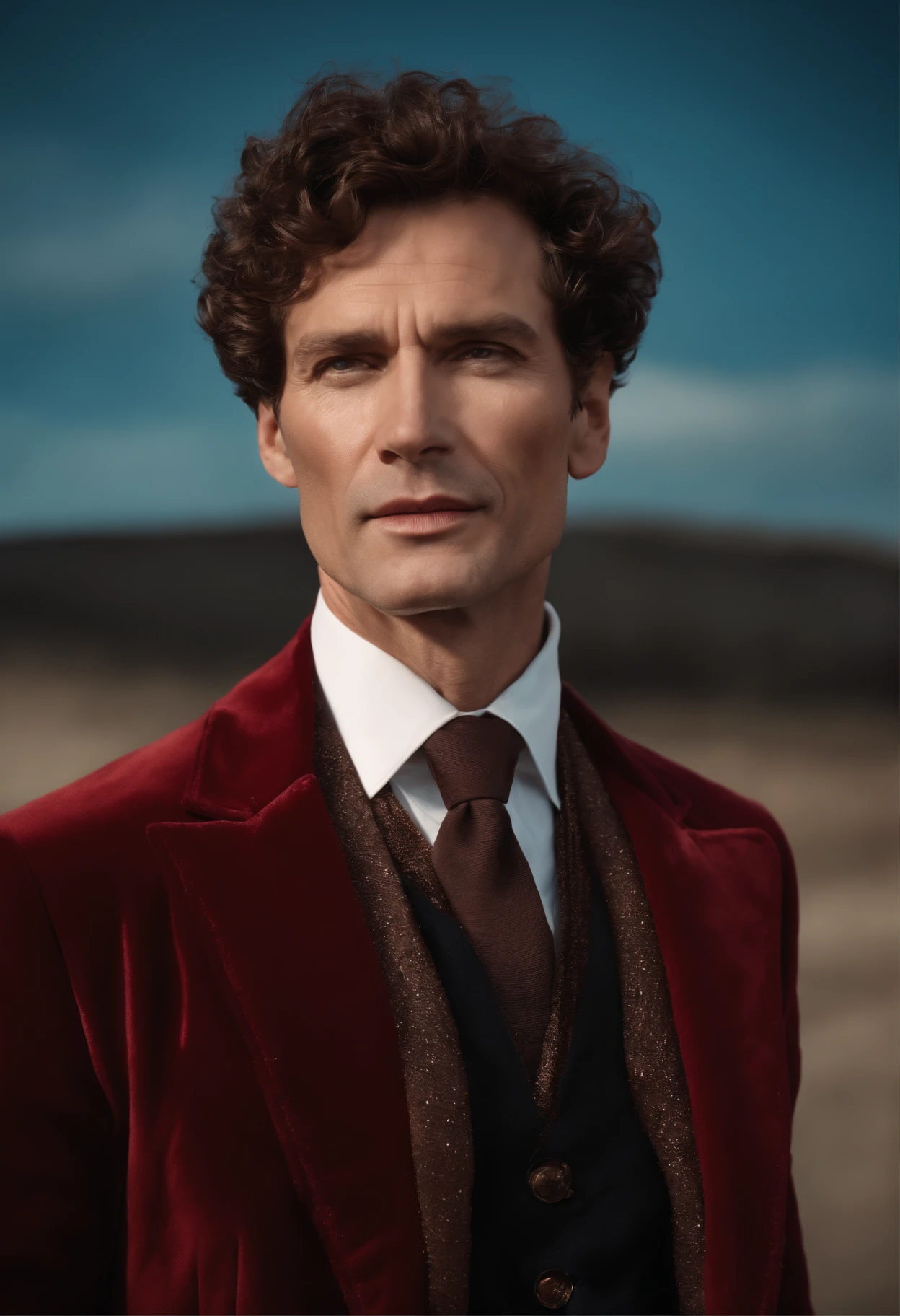 A handsom man in red, the style of patrick demarchelier. wearing a red velvet jacket, Tall and fit, (40 years old:1.1), (shaven:1.2), (short brown hair and a little curly:1.5),(very short hair:1.6). in the style of ethereal beauty, realistic blue skies, hasselblad 1600f, hyper-realistic portraiture, bold colors, dynamic lines, smooth and polished .