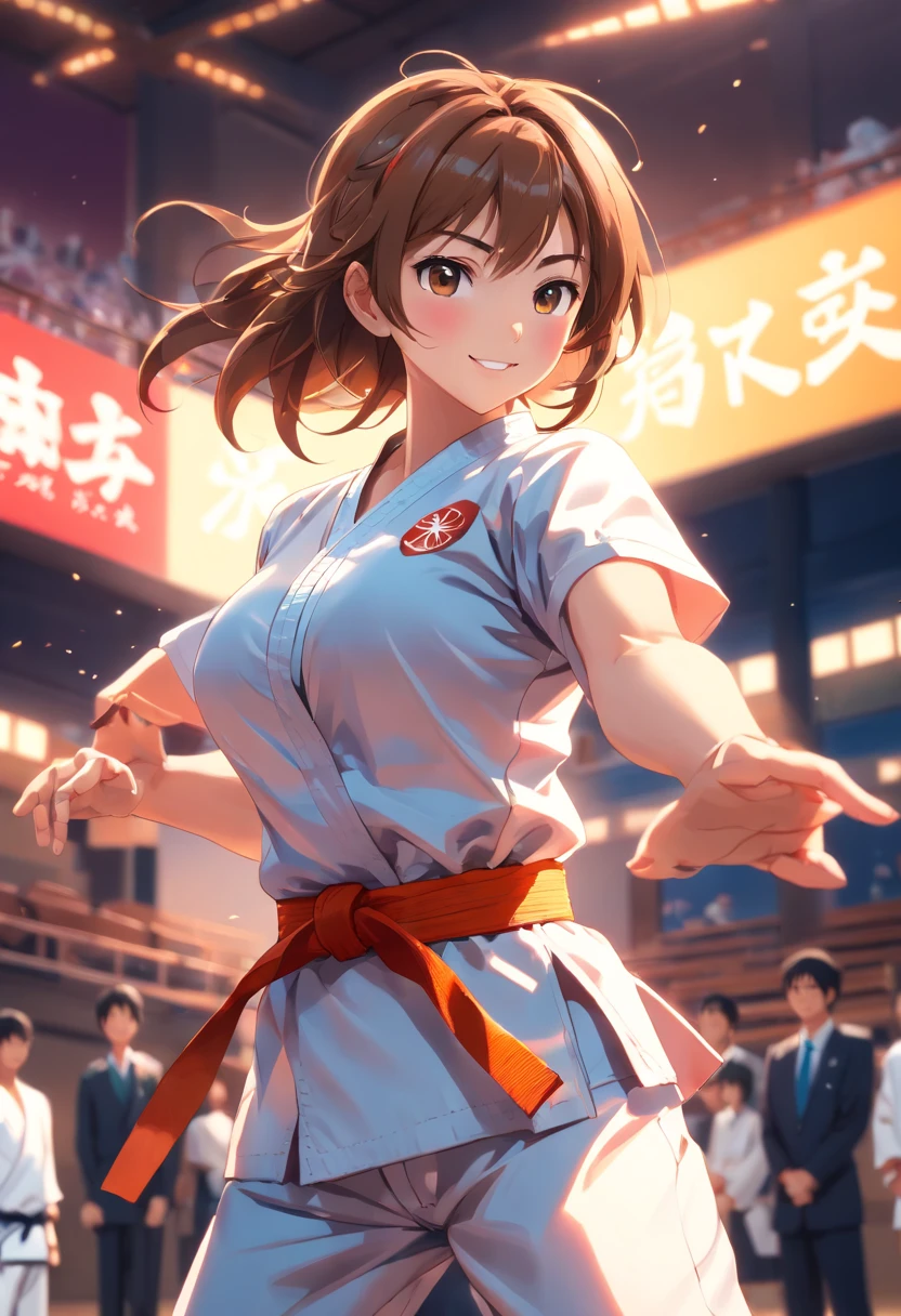 colorful animation stills, Honest portrayal, Whole body(masterpiece:1.3), (8K, hight resolution, a picture, Top image quality: 1.4), (1girl in), ligh brown hair, waved hair, attractive beautiful face, (A smile: 1.15), 17 age, (Colossal tits:1.4)、(cleavage of the breast:1.4)、Whole body, bare-legged(White Karate Uniform:1.4), Attractive body with soft curvaceous beauty, Bold sexy poses, perfect anatomia, TOKYOcty