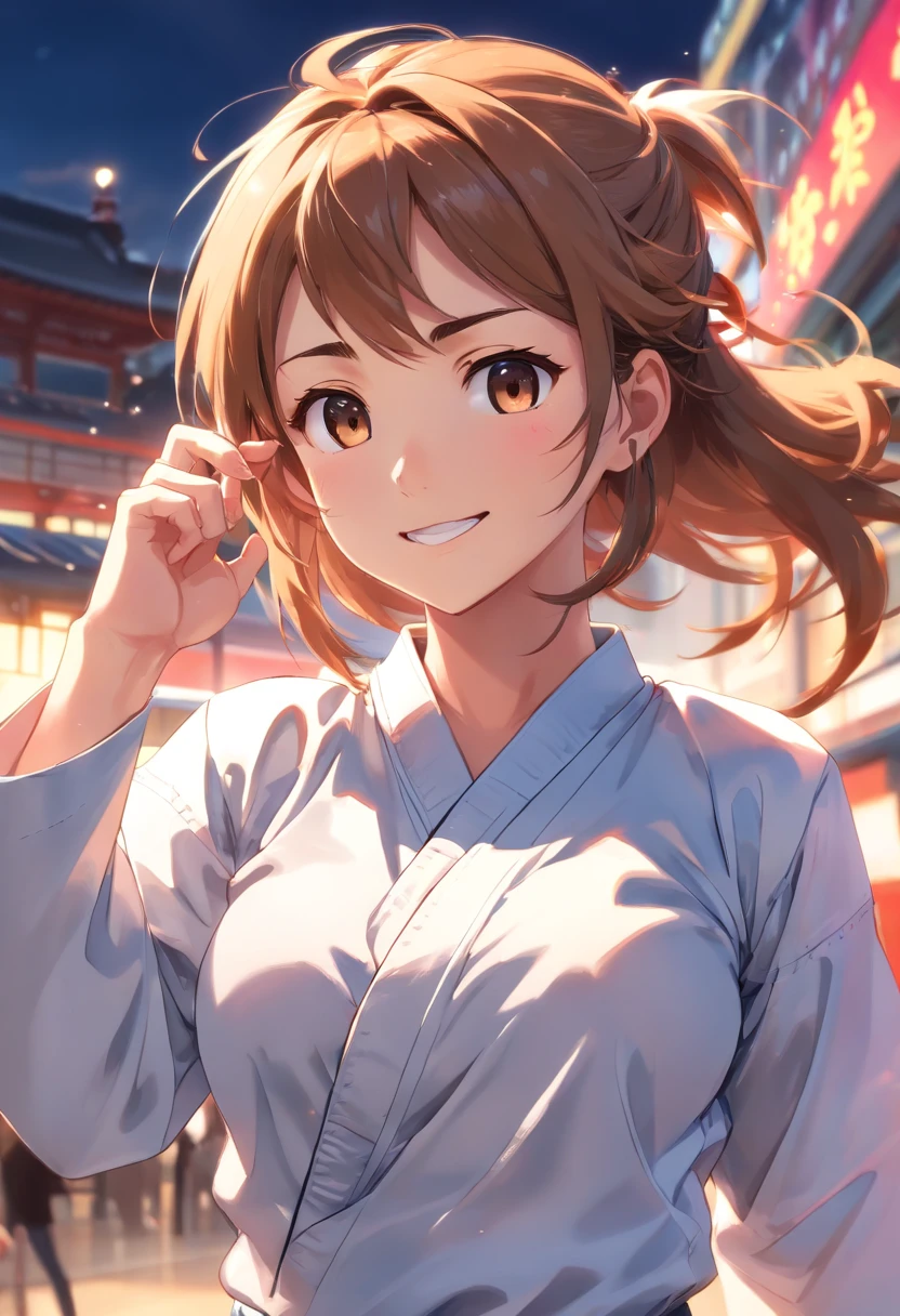 colorful animation stills, Honest portrayal, Whole body(masterpiece:1.3), (8K, hight resolution, a picture, Top image quality: 1.4), (1girl in), ligh brown hair, waved hair, attractive beautiful face, (A smile: 1.15), , (Colossal tits:1.4)、(cleavage of the breast:1.4)、Whole body, bare-legged(White Karate Uniform:1.4), Attractive body with soft curvaceous beauty, Bold sexy poses, perfect anatomia, TOKYOcty