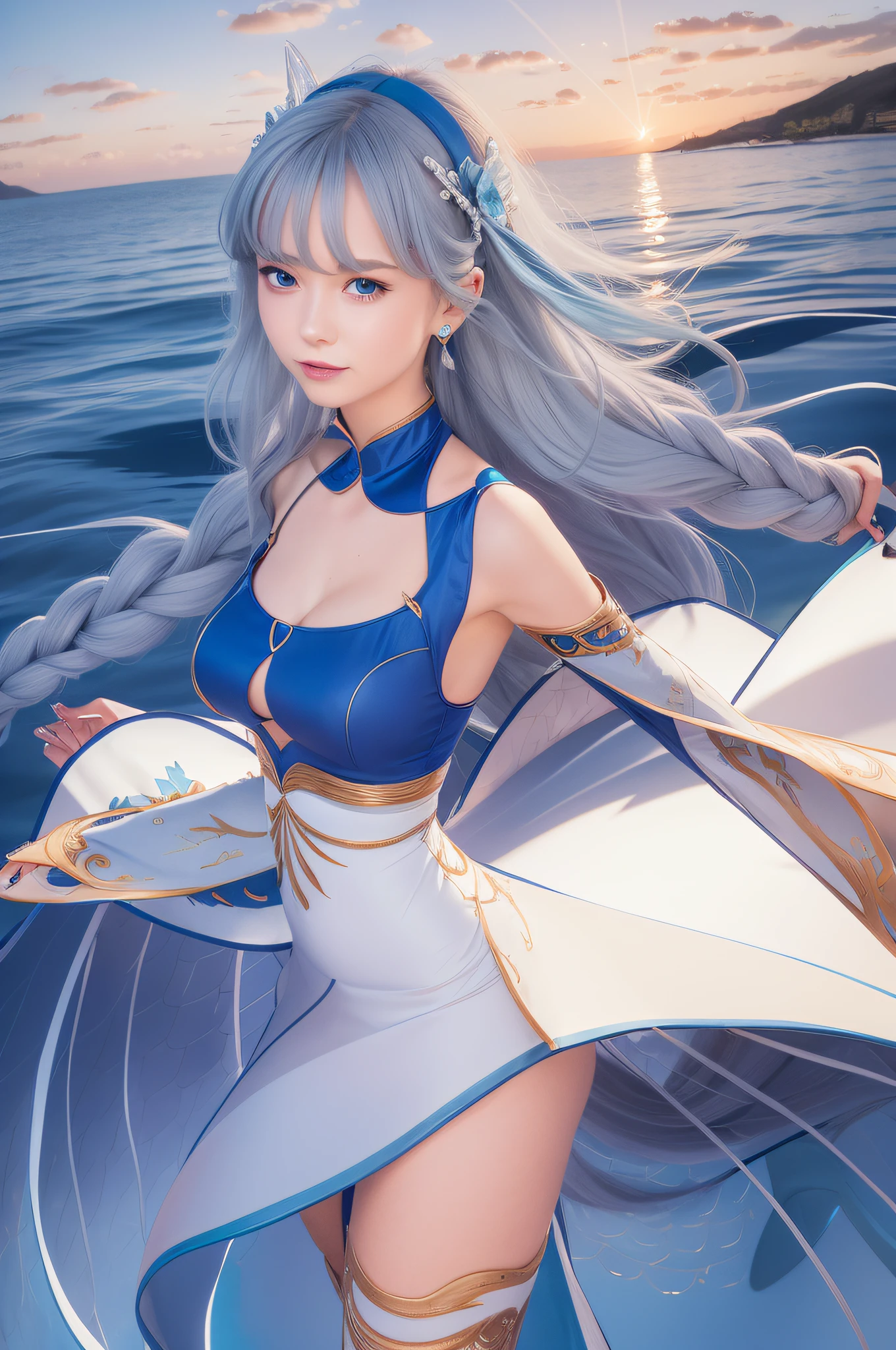 female, white long hair, wearing blue aqua dress elegant, the stomach is open, blue nails, angry expression,smile, Mermaid horn headband, photorealistic, masterpiece