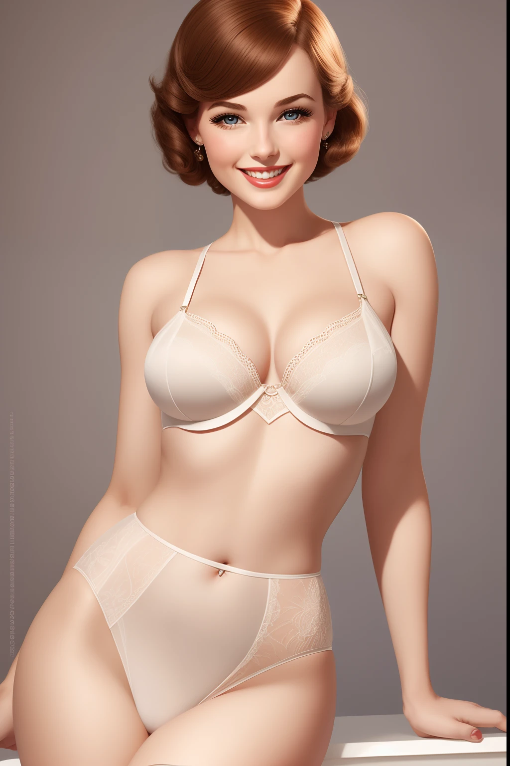 woman in a peignoir, Teasing, smiling, winking, slim body, cute smile, cute face, Elvgren artist style, pinup, vintage haircut