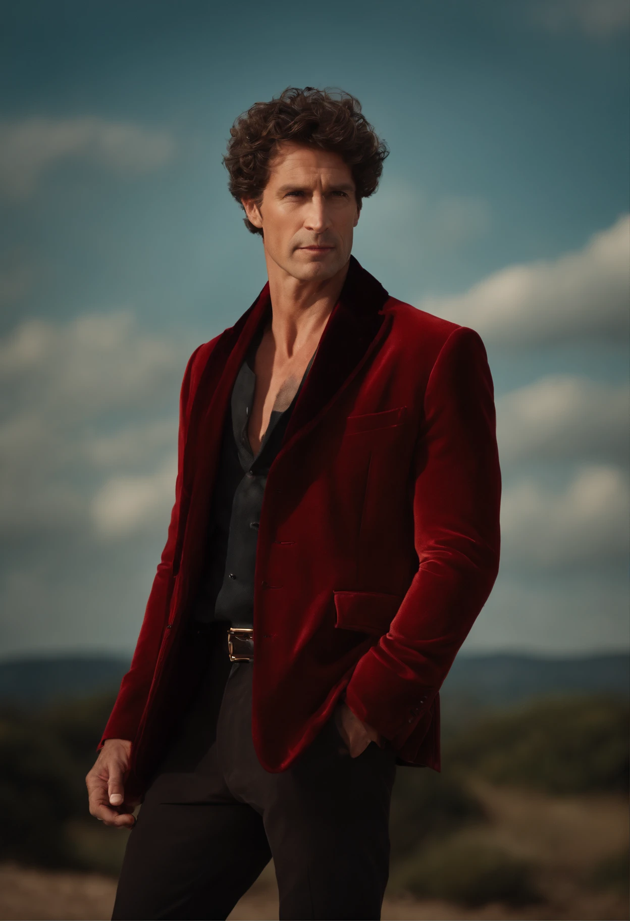 A handsom man in red, the style of patrick demarchelier. wearing a red velvet jacket, Tall and fit, (40 years old:1.1), (shaven:1.2), (short brown hair and a little curly:1.5),(very short hair:1.6). in the style of ethereal beauty, realistic blue skies, hasselblad 1600f, hyper-realistic portraiture, bold colors, dynamic lines, smooth and polished .