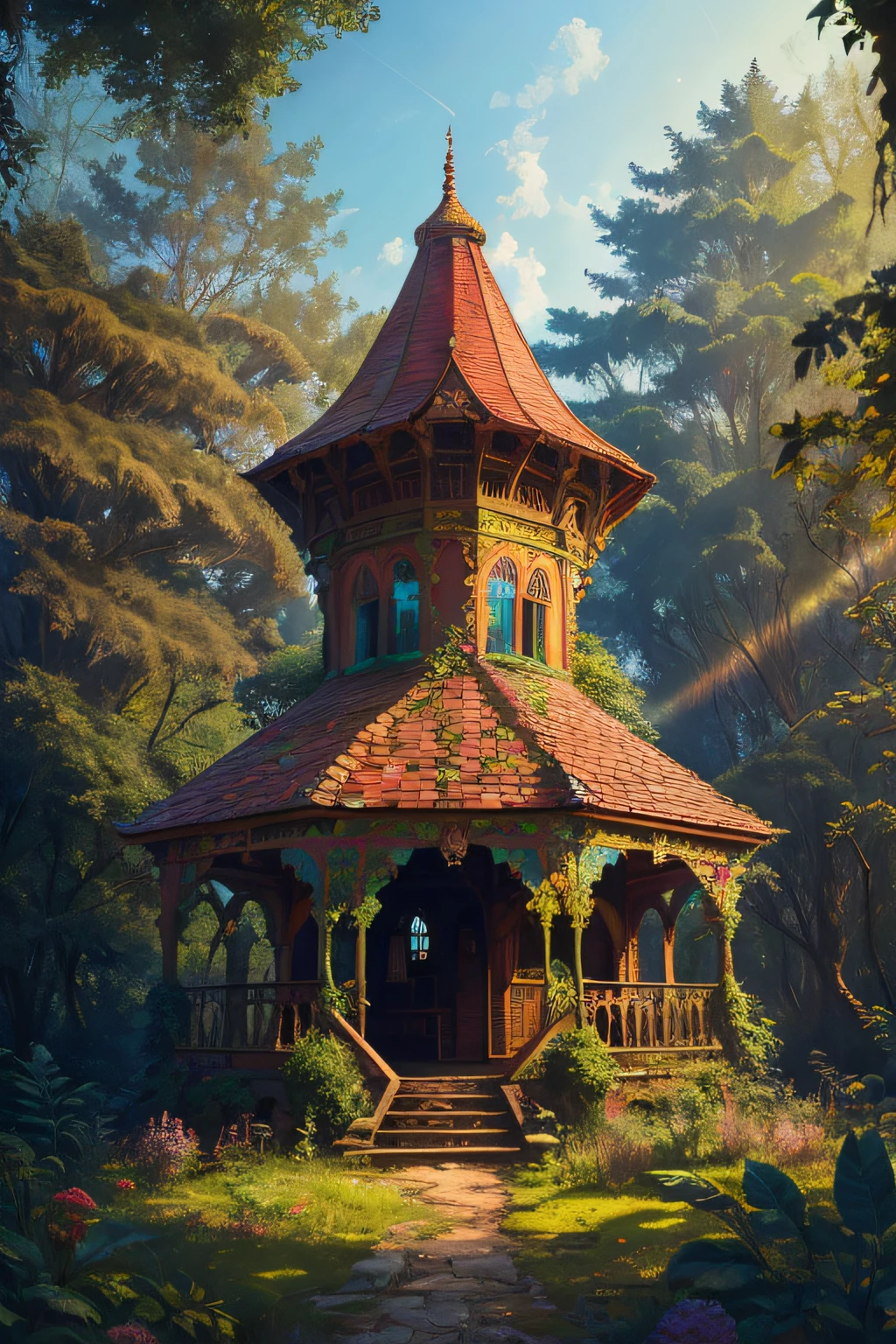 old painting style, abandoned overgrown castle mansion in a forest, oversaturated, princess tower, gazebo, balcony, colorful, highly detailed, high resolution, ray tracing reflections, dramatic lighting, 8k vibrant colors, detailed acrylic, intricate complexity, soft natural volumetric cinematic perfect light, oil painting