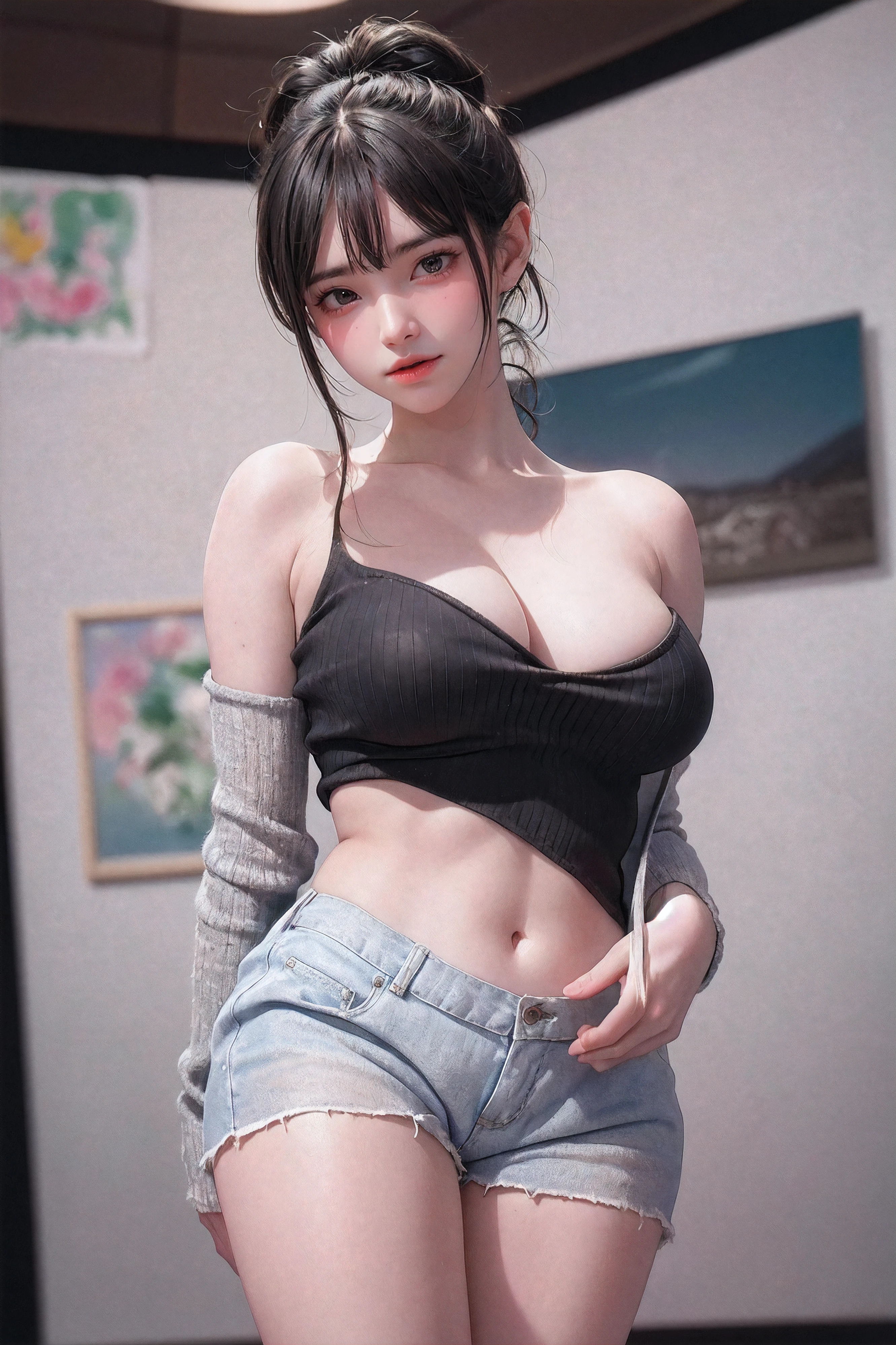 (), big boobs,(masterpiece), best quality, extremely detailed, (watercolor), bloom, delicate and beautiful, illustration, (from below),(1girl:1.4), (solo:1.2), large breasts, (ribbed sweater:1.3), off-shoulder sweater, (short shorts:1.2), bare shoulders, (underboob), ((dark skin:0.8)), beautiful eyes, (disheveled hair ), photography, over-the-shoulder shot, by Alex Maleev, professional, canon camera, nikon camera, sharp, bokeh, studio quality, fisheye lens, by Robert Capa ,