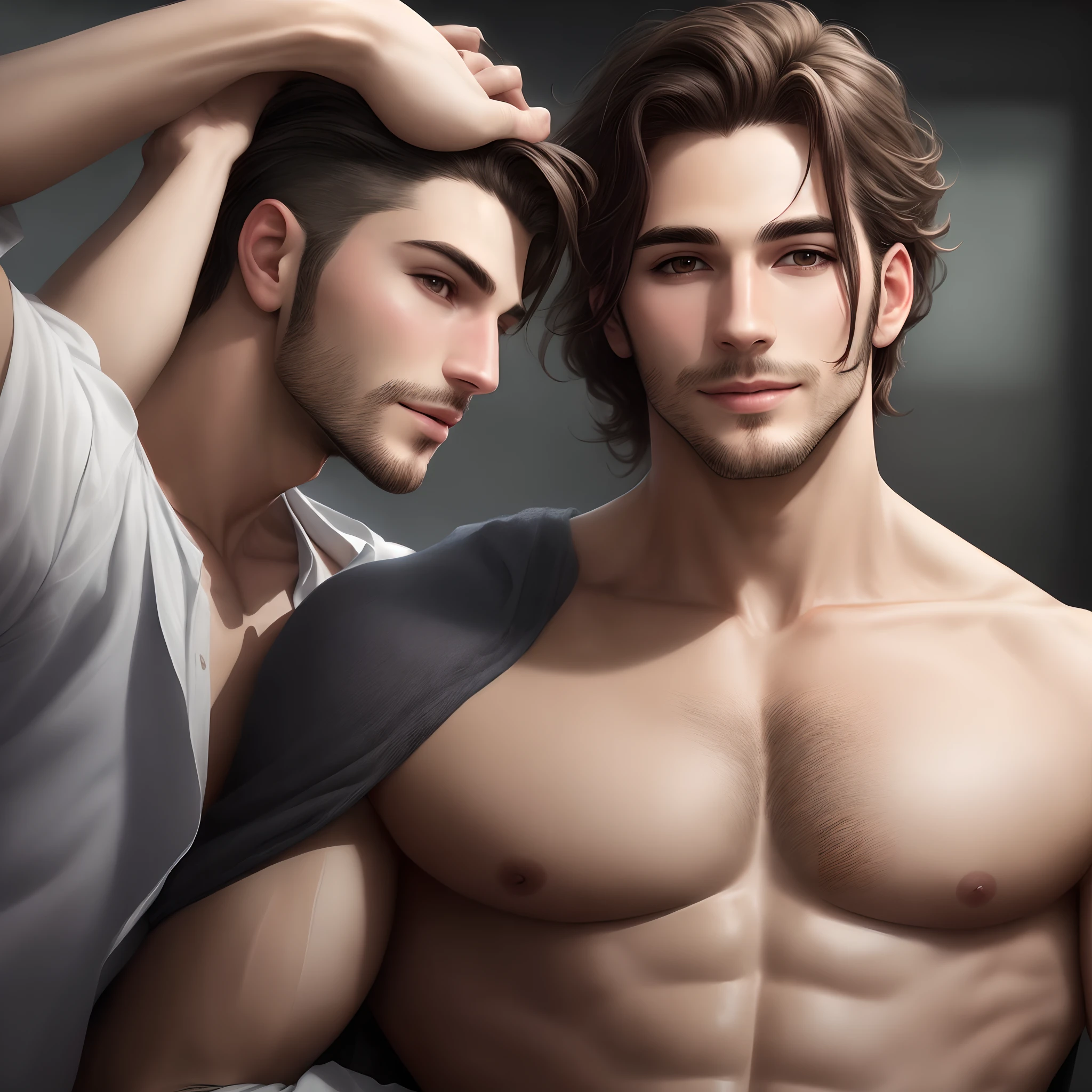 s) ((best quality)), ((masterpiece)), (detailed), poseidon, 2boy, muscle, laying on bed, short curly hair, handsome masculine face, detailed eyes, muscular chest, (narrow waist), bubble butt, naked, detailed skin, realistic, style of pino daentyle of Daniel F. Gerhartz::0.5], uhd image, hires, 8k, semi-realistic, epic lighting, sharp focus, romantic, realistic,2 gay guys, one bending over and exposing his tight hole, other guy fucking his ass 