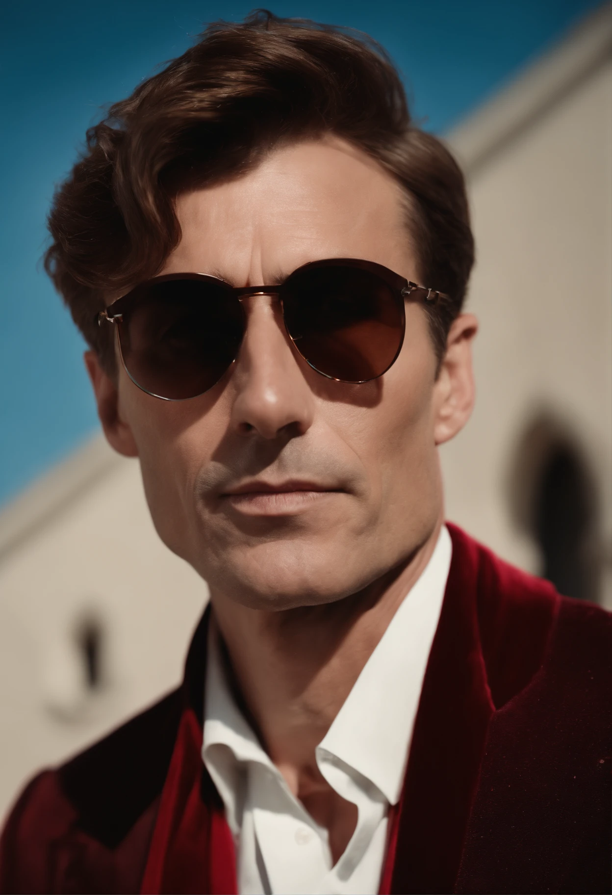 A handsom man in red, the style of patrick demarchelier. wearing a red velvet jacket, Tall and fit, (40 years old:1.1), (shaven:1.2), (short brown hair and:1.5),(very short hair:1.6). in the style of ethereal beauty, realistic blue skies, hasselblad 1600f, hyper-realistic portraiture, bold colors, dynamic lines, smooth and polished .