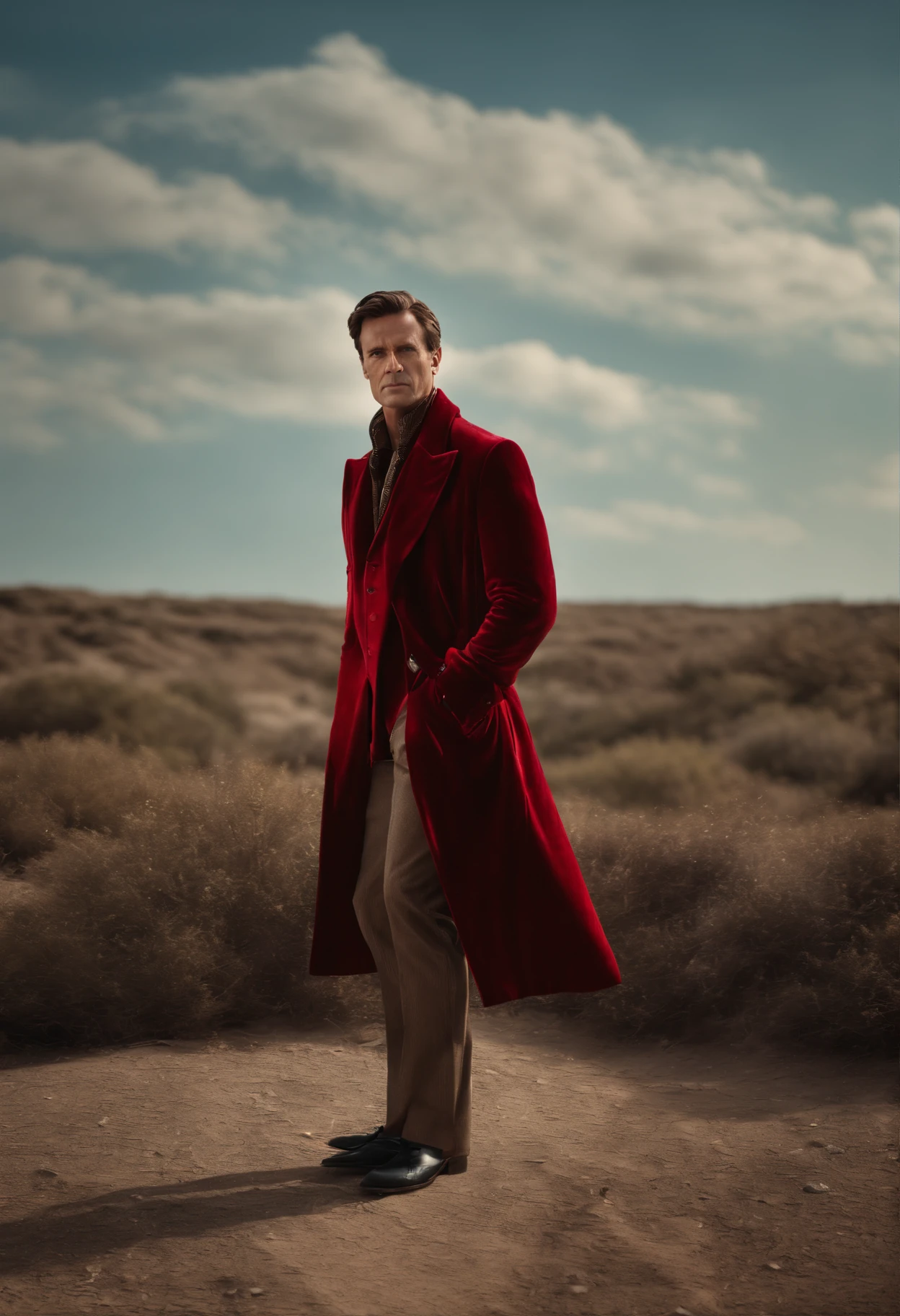 A handsom man in red, the style of patrick demarchelier. wearing a red velvet jacket, Tall and fit, (40 years old:1.1), (shaven:1.2), (short brown hair and:1.5),(very short hair:1.6). in the style of ethereal beauty, realistic blue skies, hasselblad 1600f, hyper-realistic portraiture, bold colors, dynamic lines, smooth and polished .