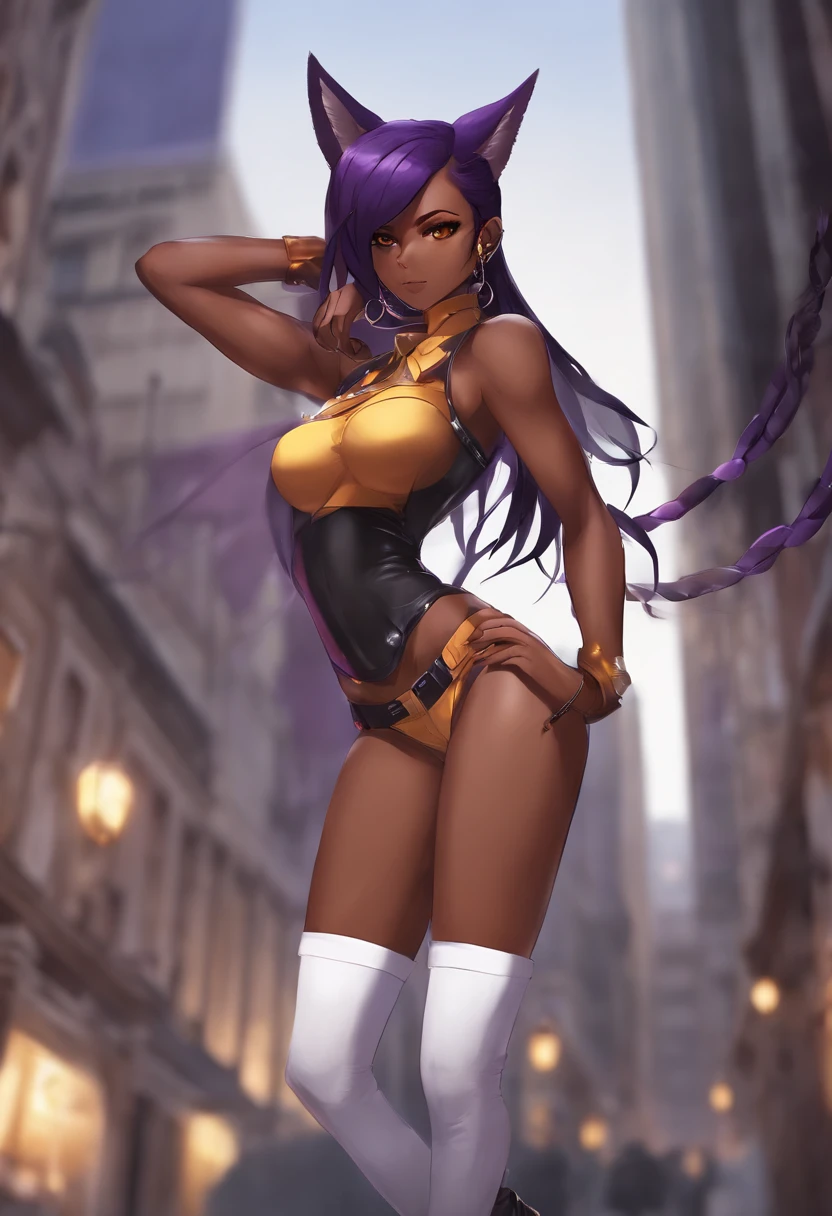 shihouin yoruichi, Nsfw, highres, shihouin yoruichi, cat ears, thighhighs, half-naked, 1girl, solo, dark skinned female, dark skin, ponytail hair, parted bangs, purple hair, yellow eyes , standing, cowboy shot, ribbon choker,  orange and white, cityscape, electricity, lightning, electrokinesis, sideboob, sex pose, BEST cuality