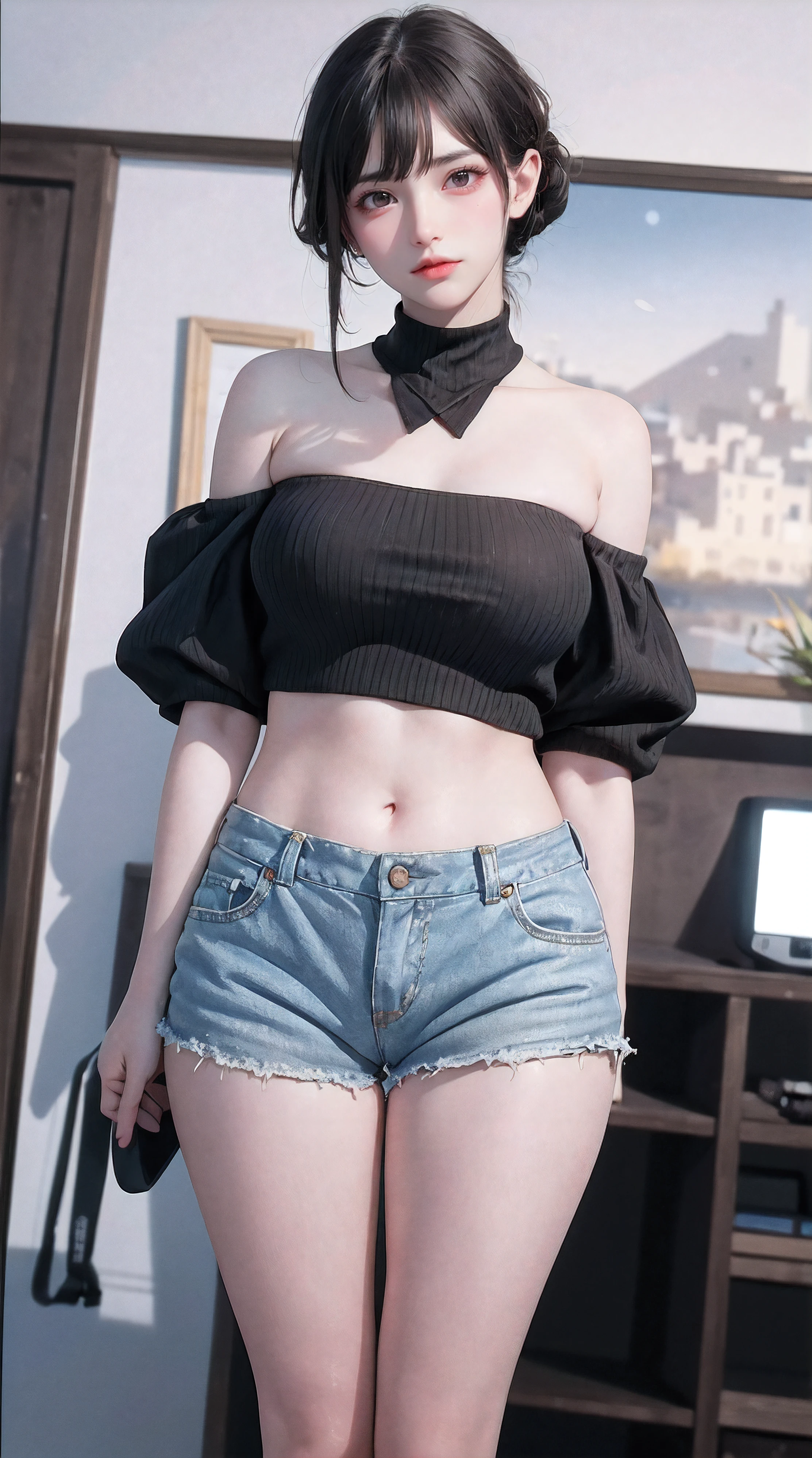 (), big boobs,(masterpiece), best quality, extremely detailed, (watercolor), bloom, delicate and beautiful, illustration, (from below),(1girl:1.4), (solo:1.2), large breasts, (ribbed sweater:1.3), off-shoulder sweater, (short shorts:1.2), bare shoulders, (underboob), ((dark skin:0.8)), beautiful eyes, (disheveled hair ), photography, over-the-shoulder shot, by Alex Maleev, professional, canon camera, nikon camera, sharp, bokeh, studio quality, fisheye lens, by Robert Capa ,