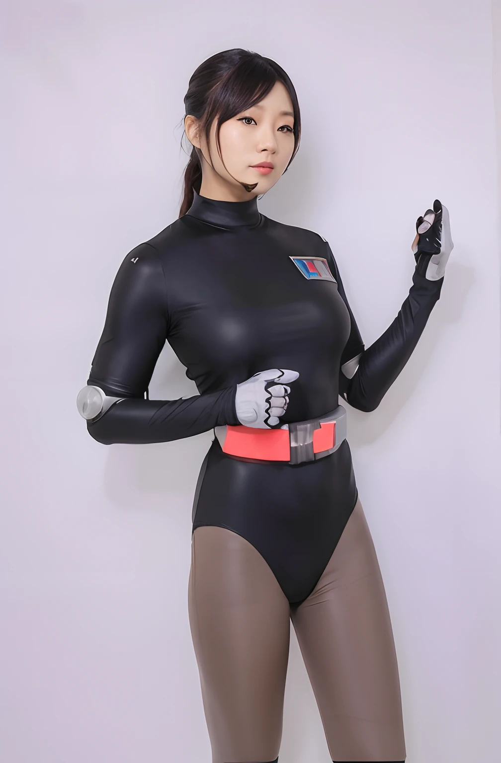 There is a woman in a black bodysuit with a gun, wearing tight suit, full-cosplay, tight full body suit, cute girl wearing a tank suit, professional cosplay, wearing black tight clothing, japanese cyborg, Yayoi Kasuma, Cosplay, cybersuit, Cyberpunk Bodysuit, in spandex suit, tight outfit, Star Wars Imperial Agent、top-quality、Photoreal Stick、8k、Wearing a Skin Tight Treotard、highleg