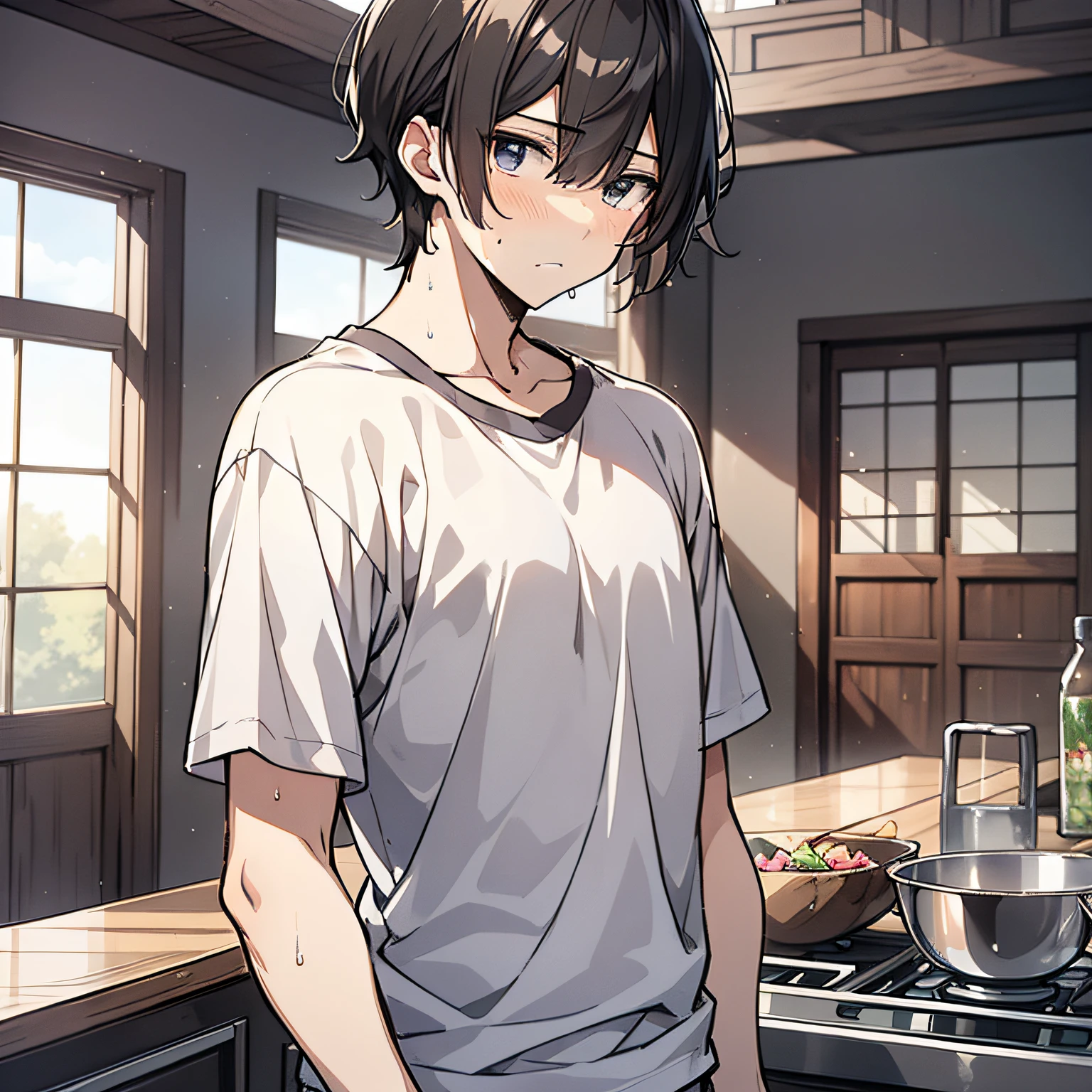 Around 18 years old, young anime man,Short black hair 1.5,Wear a plain white shirt,standing in the room(Indifferent expression 1.5)(Sweat 1.5)(The background is in the room in the village:1.5),Anime style 4K,Anime rendering,style of anime,8K fineness,(Upper body display:1.5)(Cinematic lighting:1.5)(Handsome anime boy 1.5)