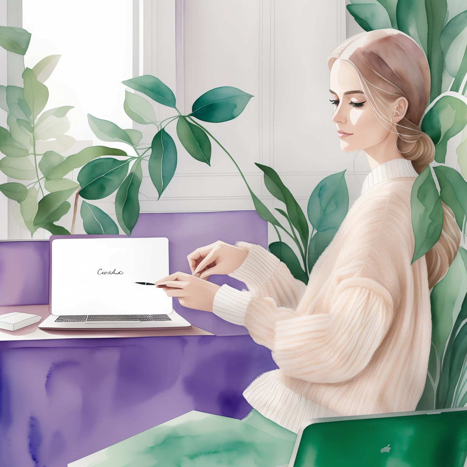 cecilia carlstedt and kasiq jungwoo fashion illustration, light brown thin hair blonde woman, fluffy lilac sweater work laptop, green tea cup, home studio paris, watercolor hand-drawn art