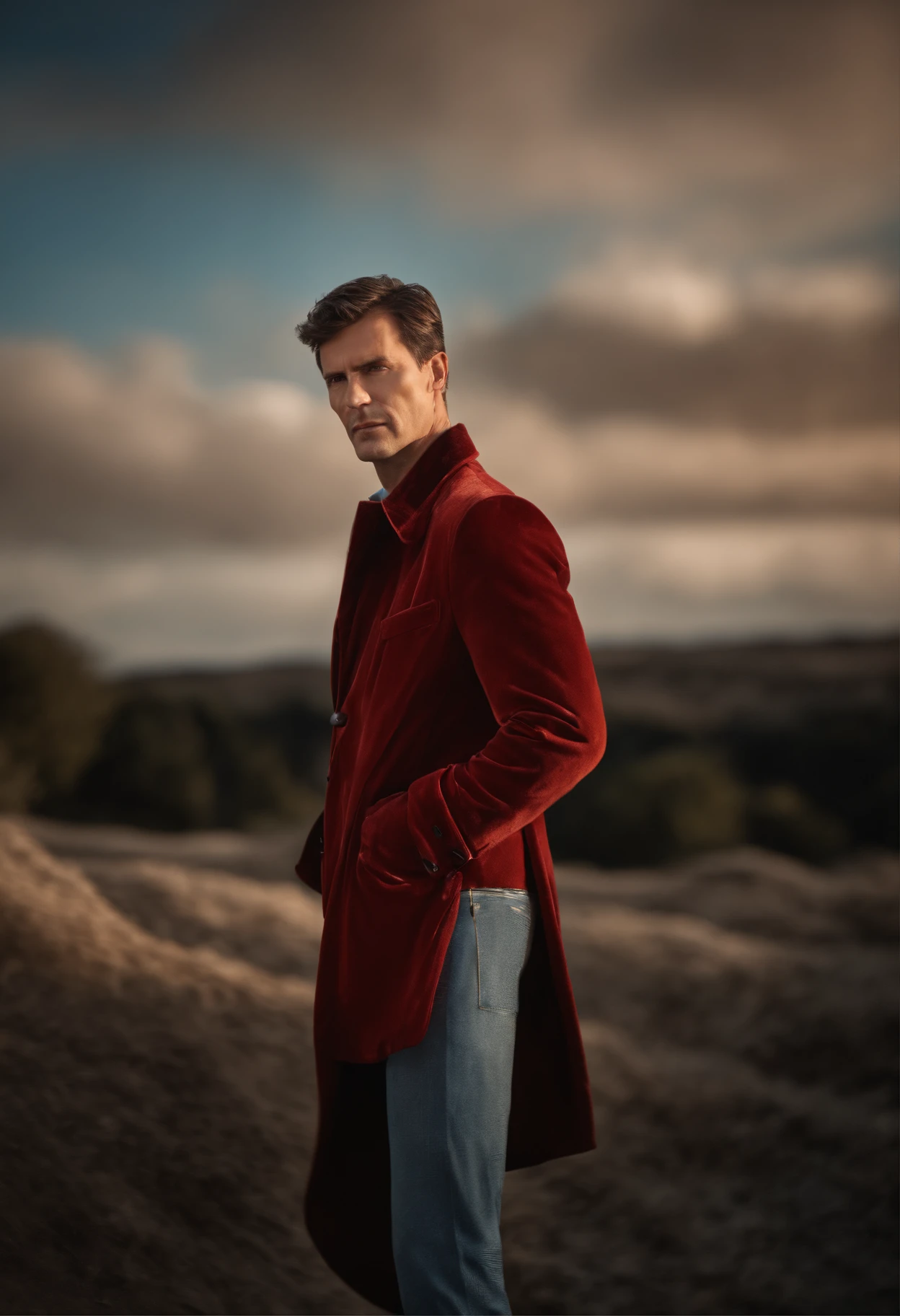 A handsom man in red, the style of patrick demarchelier. wearing a red velvet jacket and blue jeans , Tall and fit, (40 years old:1.1), (shaven:1.2), (short brown hair and:1.5),(very short hair:1.6). in the style of ethereal beauty, realistic blue skies, hasselblad 1600f, hyper-realistic portraiture, bold colors, dynamic lines, smooth and polished .