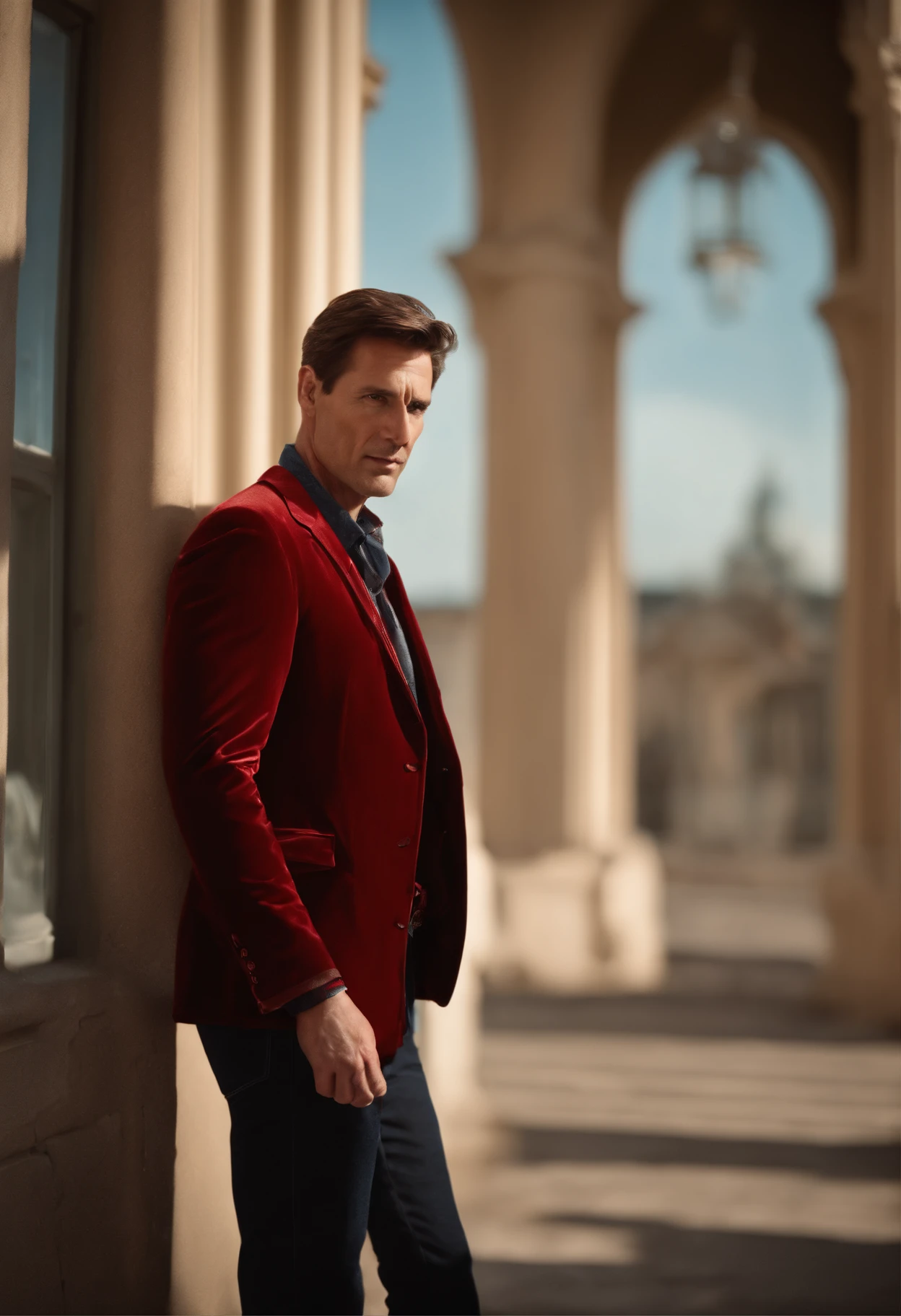 A handsom man in red, the style of patrick demarchelier. wearing a red velvet jacket and blue jeans , Tall and fit, (40 years old:1.1), (shaven:1.2), (short brown hair and:1.5),(very short hair:1.6). in the style of ethereal beauty, realistic blue skies, hasselblad 1600f, hyper-realistic portraiture, bold colors, dynamic lines, smooth and polished .