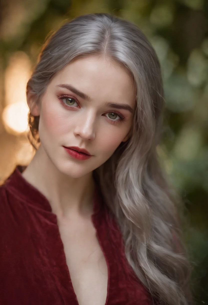 (((A deep red wound streaked across her left cheek))) Fair complexion, A woman around 19 years old, Natural gray hair, Unique green eyes, Wear Cole, Slender and graceful, Beautiful, Candlelight in a medieval setting, super sharp focus, realistic lens, Medieval women's clothing, Four colors (Scar:1.4)