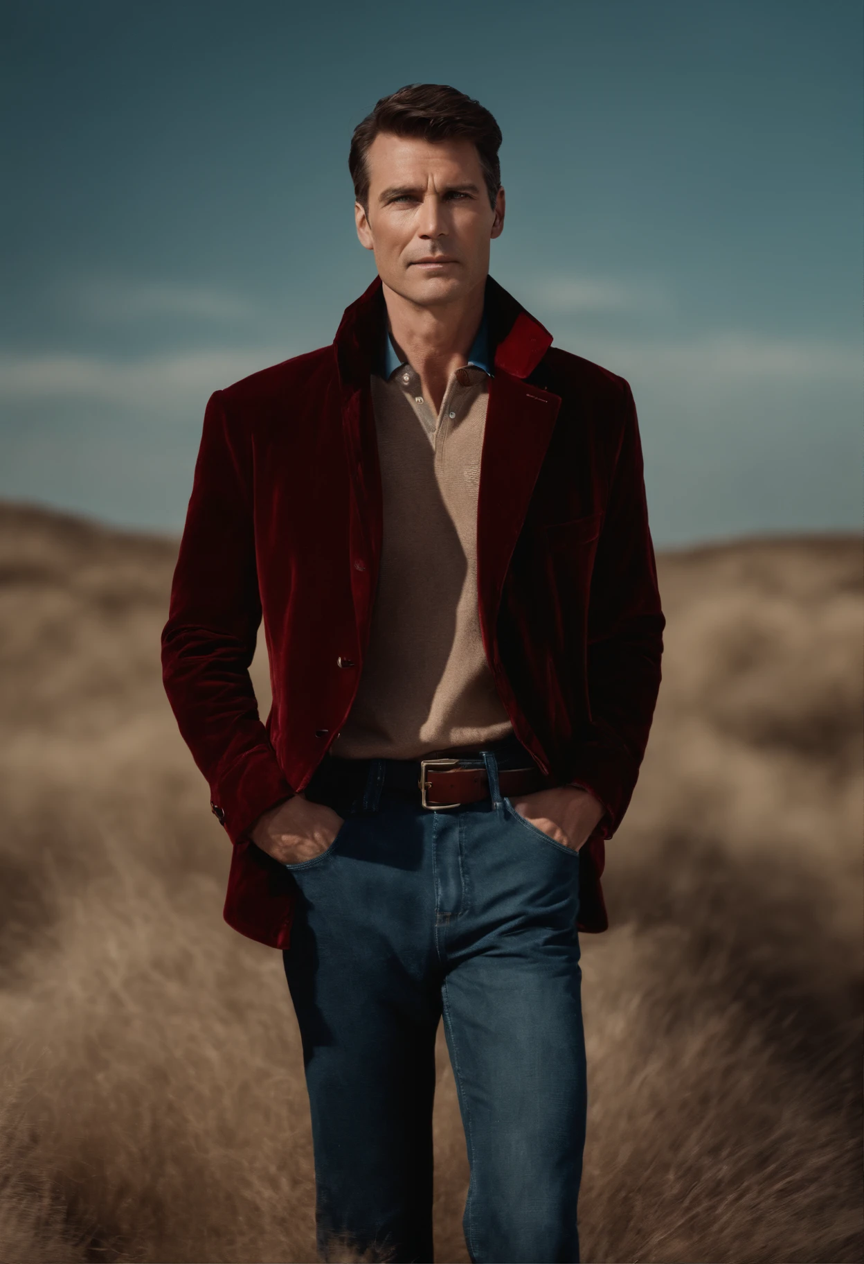 A handsom man in red, the style of patrick demarchelier. wearing a red velvet jacket and blue jeans , Tall and fit, (40 years old:1.1), (shaven:1.2), (short brown hair and:1.5),(very short hair:1.6). in the style of ethereal beauty, realistic blue skies, hasselblad 1600f, hyper-realistic portraiture, bold colors, dynamic lines, smooth and polished .