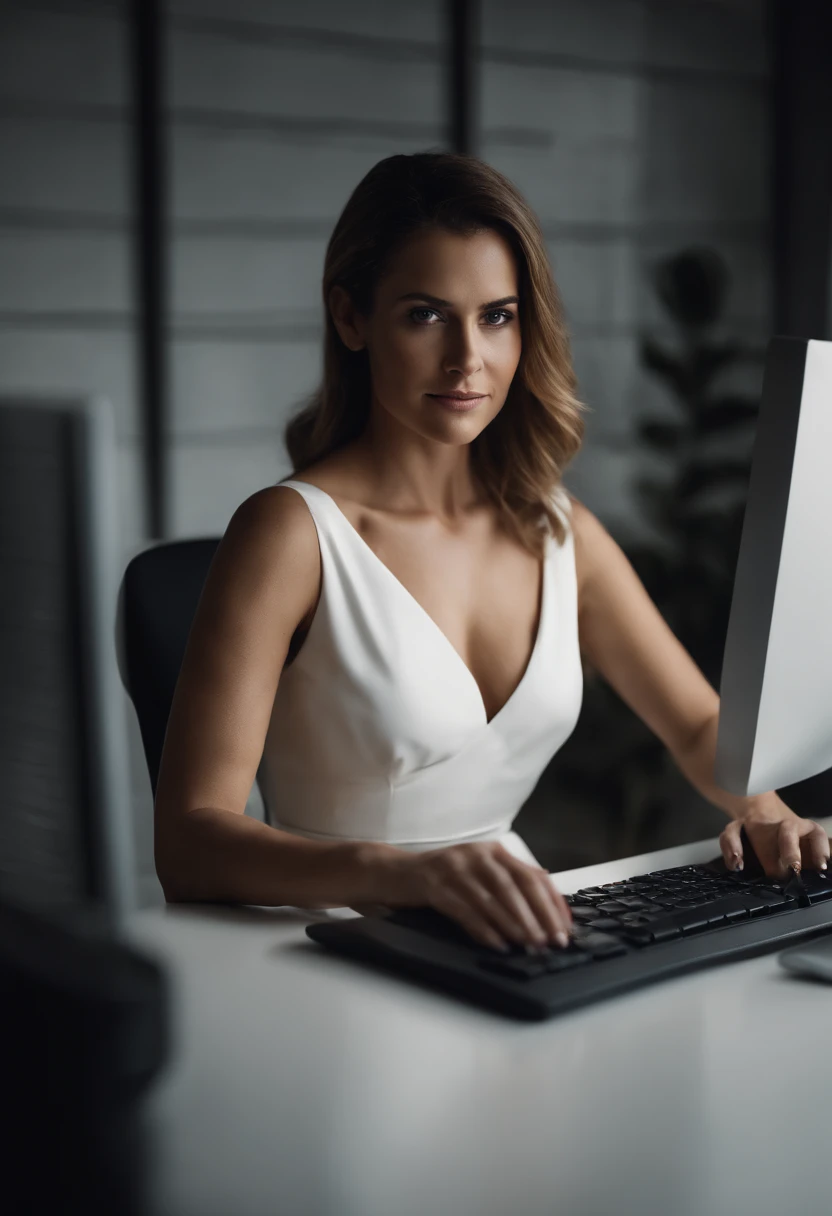 Portrait of a woman in a white dress, sitting behind a desk with a computer, forward facing, looking into the camera