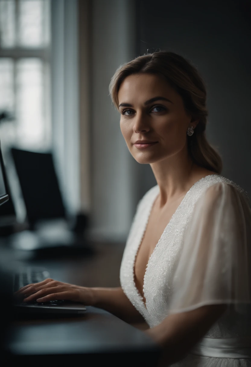 Portrait of a woman in a white dress, sitting behind a desk with a computer, forward facing, looking into the camera