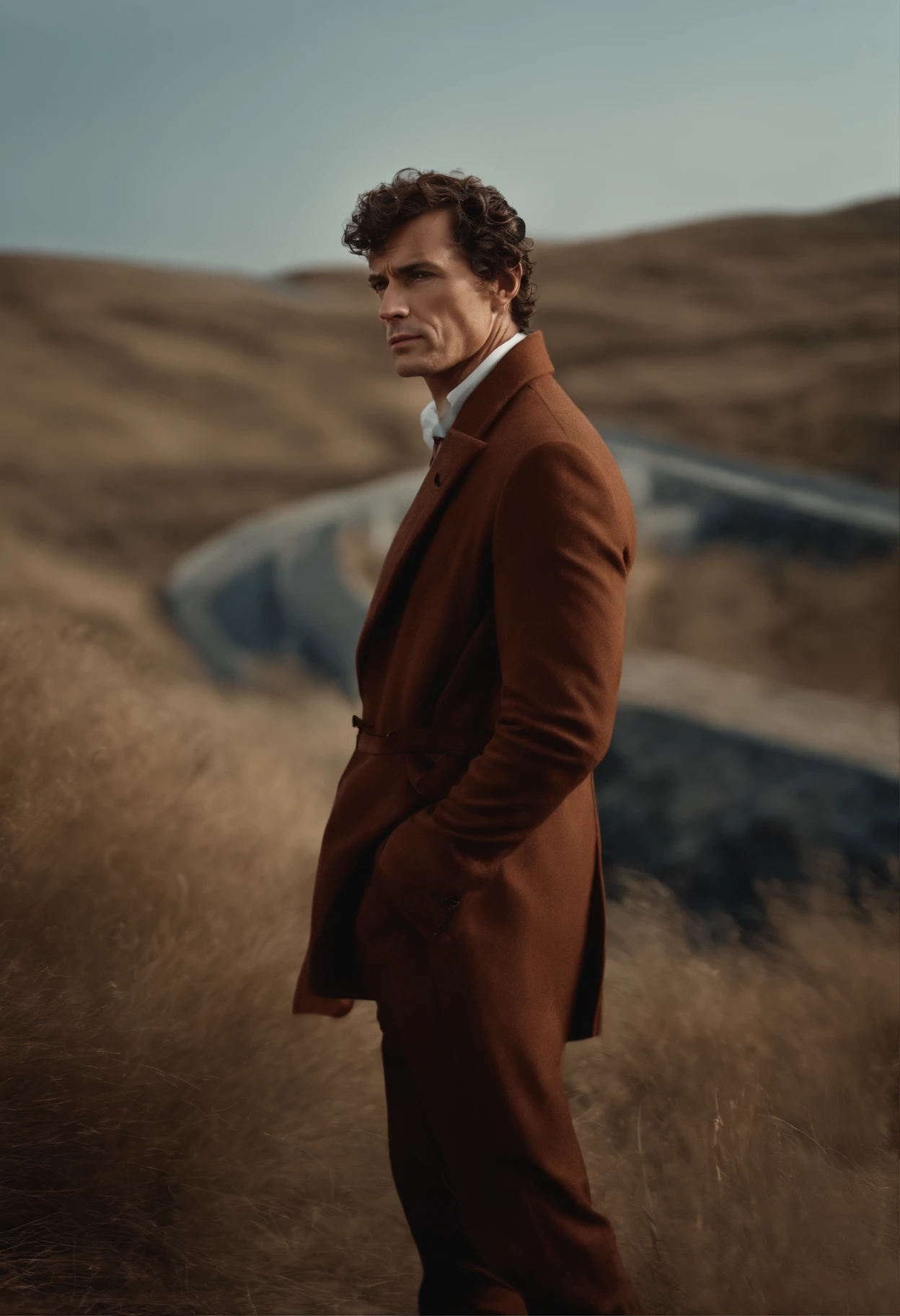 Un homme Handom (en rouge:1:1), (Dans le style de Patrick Demarchelier). porter une veste, Grand et en forme, (40 ans:1.1), (shaven:1.2), (short brown hair and a little curly:1.5),(very short hair:1.6). in the style of ethereal beauty, Realistic blue sky, Hasselblad 1600F, Hyperrealistic portrait, couleurs vives, Lignes dynamiques, lisse et poli .