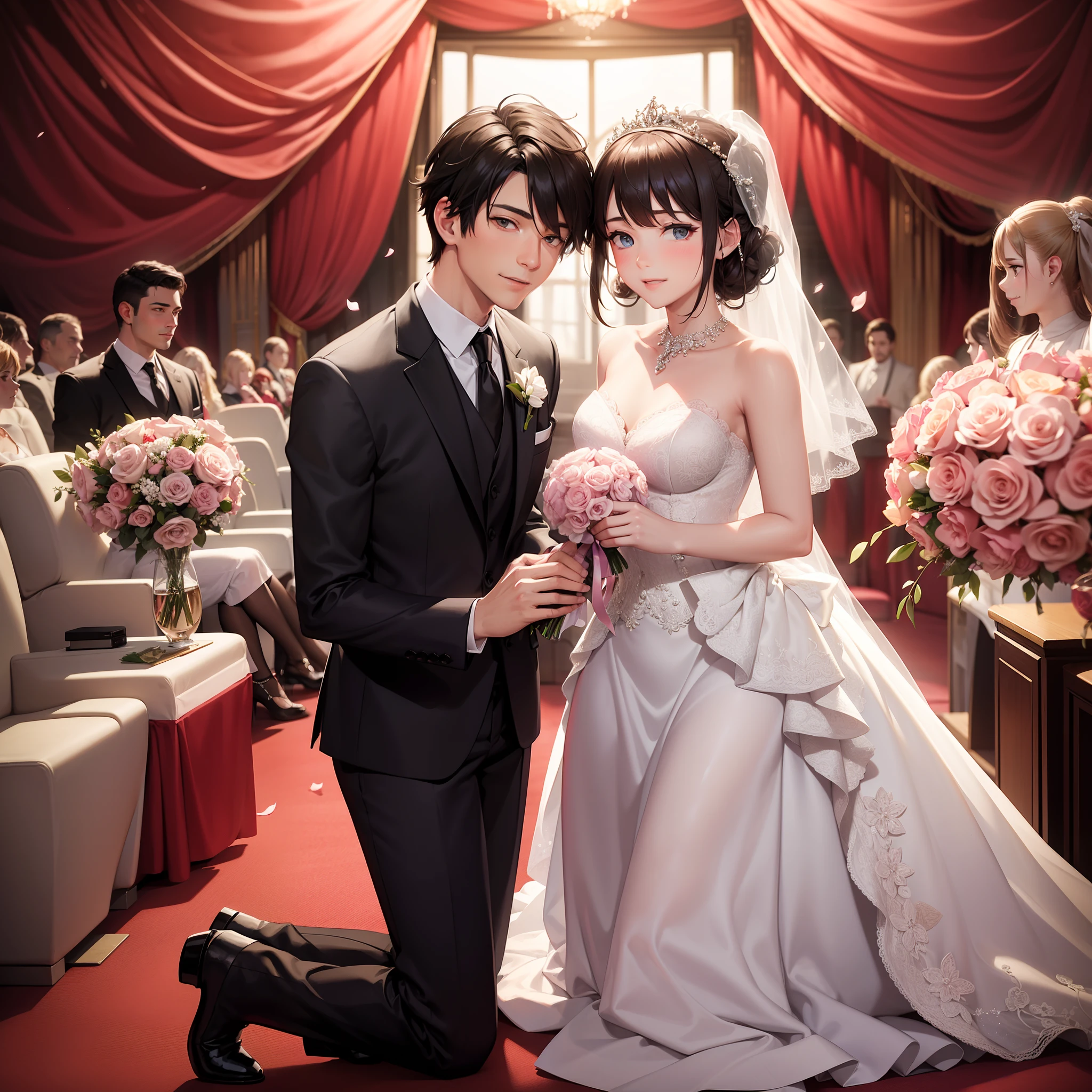 (bridegroom),(the bride),(Valentine's Day),(((theater))),(Holding flowers),(Facing the viewer),(on one knee)