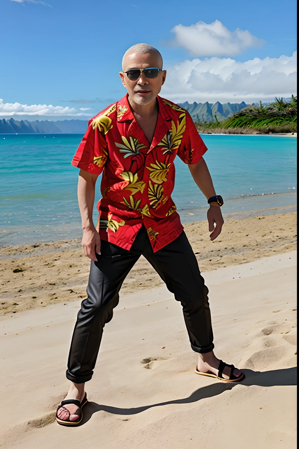 full body shot, Chinese Old Man 1person, (skin head) Black sunglasses, South Island, sand beach, Aloha shirts, breeches, sandal, Long white beard, action pose