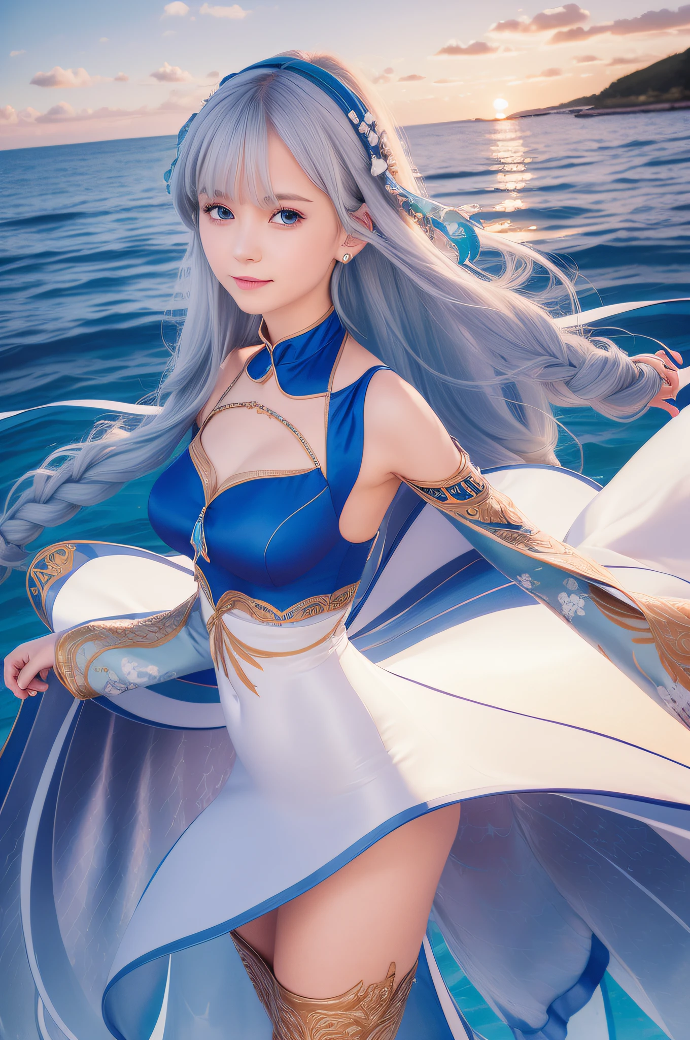 female, white long hair, wearing blue aqua dress elegant, the stomach is open, staring expression,smile, Mermaid horn headband, photorealistic, masterpiece