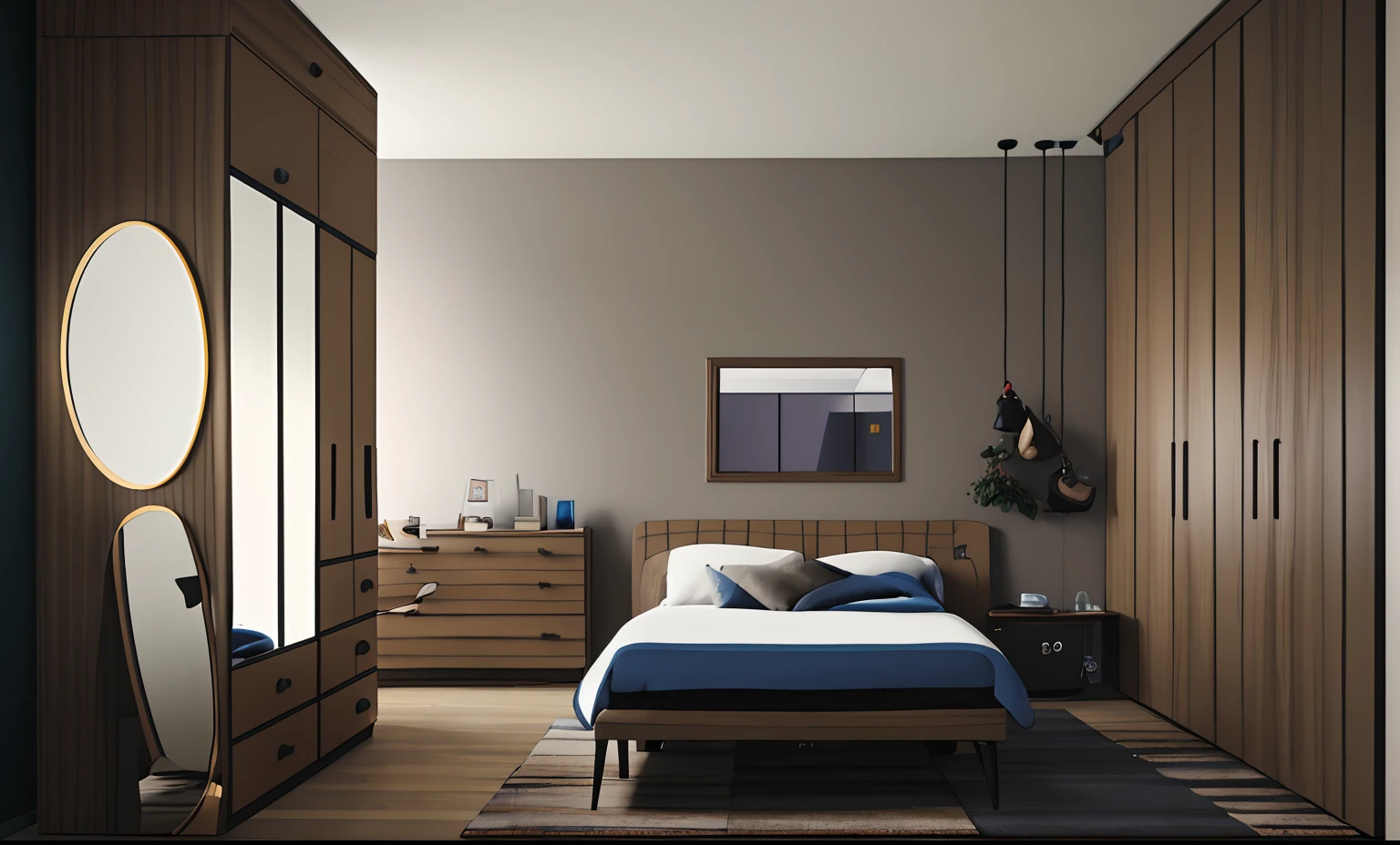 a rendering of a bedroom with a bed, dresser, and a mirror, 2 d render, bed room, comprehensive 2 d render, inside of a bedroom, bedroom interior, rendered in enscape, in style of 3d render, flat 2 d, low angle dimetric rendering, colour, inspired by Reinier Nooms, concept eclectic, 3 d rendering