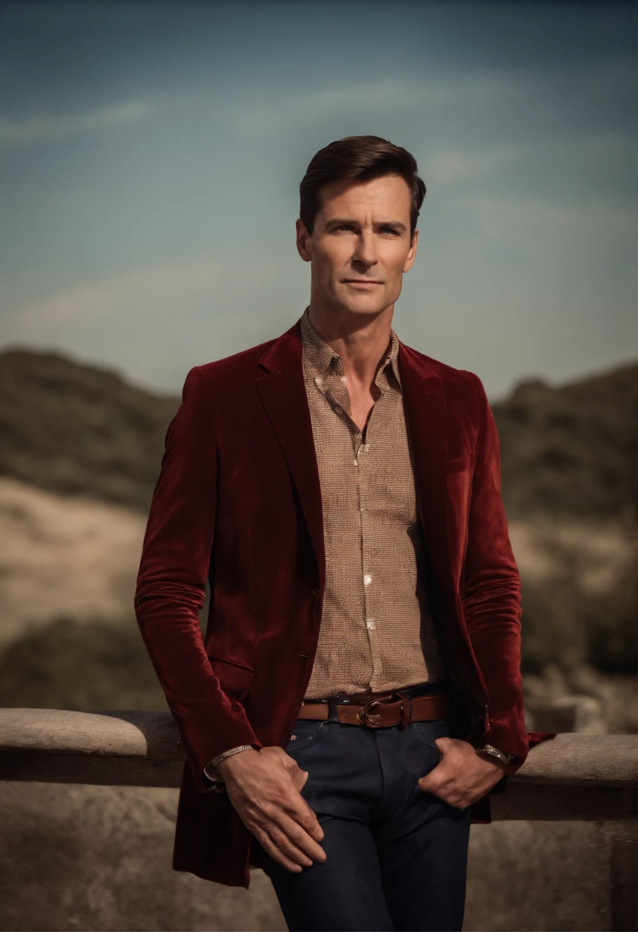 A handsom man in red, the style of patrick demarchelier. wearing a red velvet jacket and blue jeans , Tall and fit, (40 years old:1.1), (shaven:1.2), (short fine brown hair and:1.5),(very short hair:1.6). in the style of ethereal beauty, realistic blue skies, hasselblad 1600f, hyper-realistic portraiture, bold colors, dynamic lines, smooth and polished .