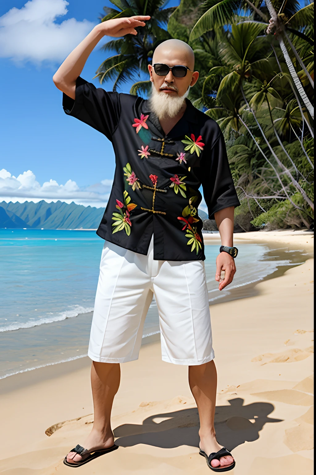 full body shot, Chinese Old Man 1person, (skin head) Black sunglasses, South Island, sand beach, Aloha shirts, breeches, sandal, Long white beard, action pose