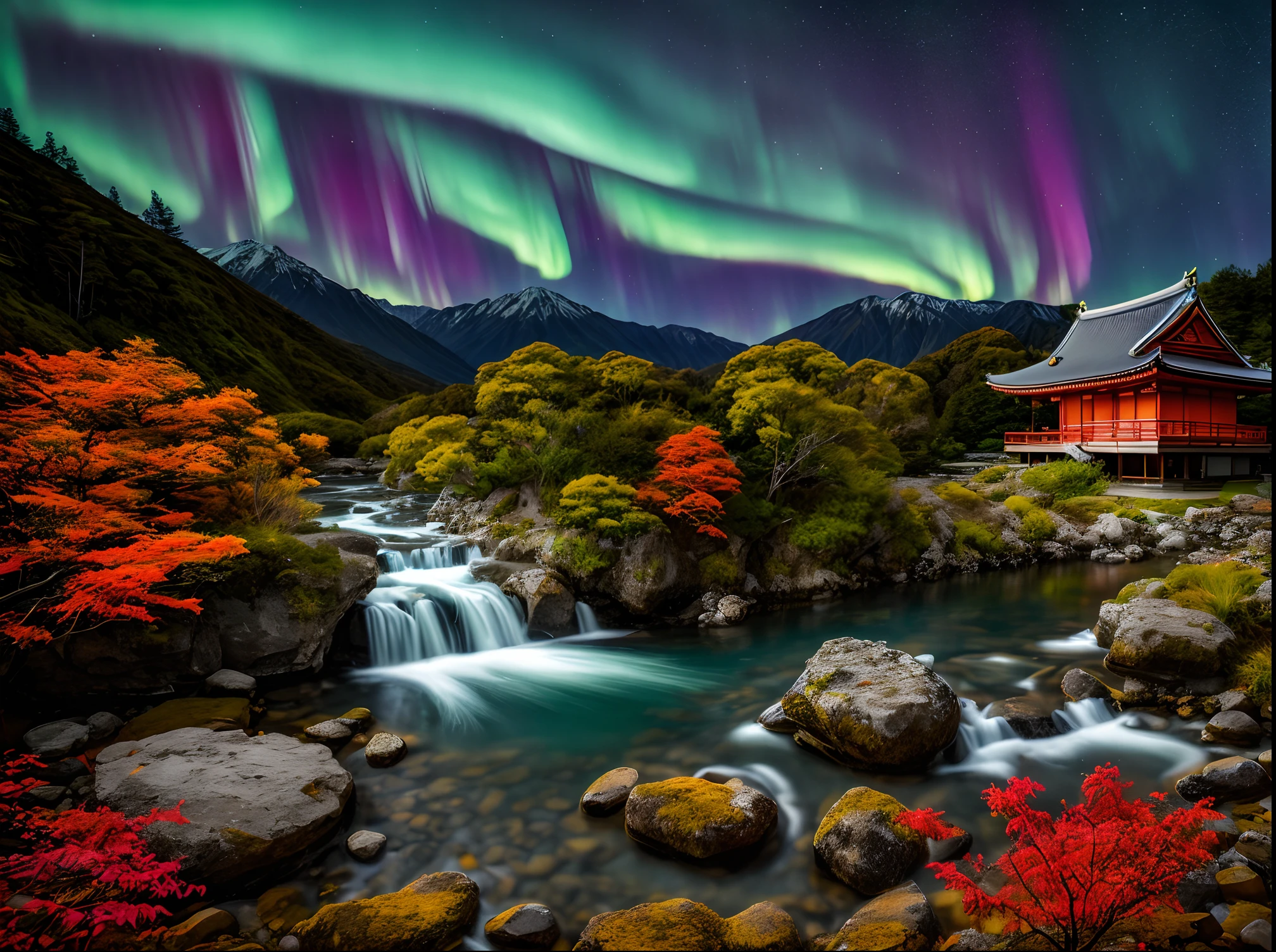 best quality, masterpiece, beautiful wild and natural fantasy landscape with glowing soft lights aurora beautiful waterfall in New Zealand, Japanese temple on the rock under waterfall, fall season, momiji leaf, milkyway、