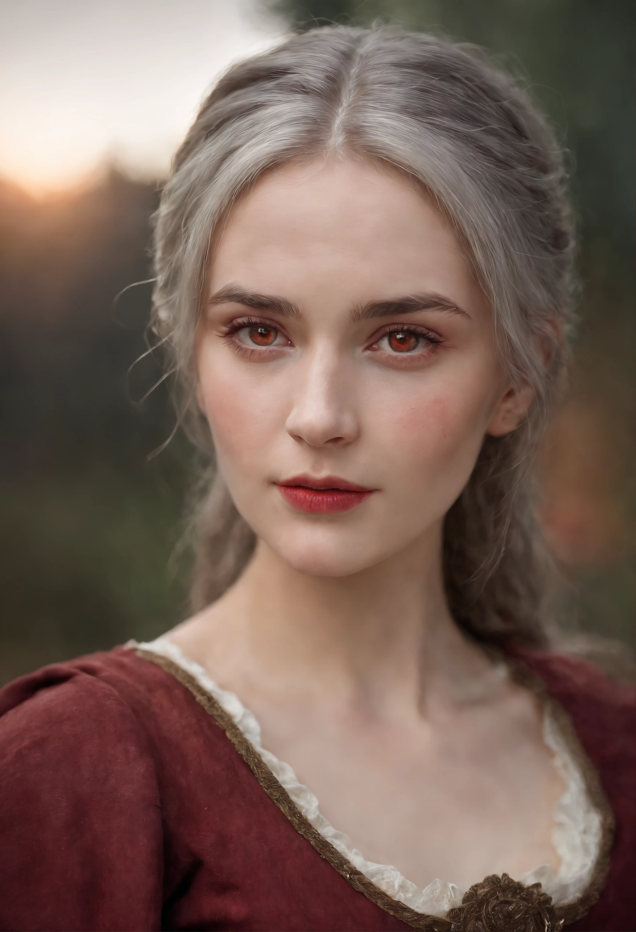 (((A deep red wound streaked across her left cheek))) Fair complexion, A woman around 19 years old, Natural gray hair, Unique green eyes, Wear Cole, Slender and graceful, Beautiful, Candlelight in a medieval setting, super sharp focus, realistic lens, Medieval women's clothing, Four colors (Scar:1.4)